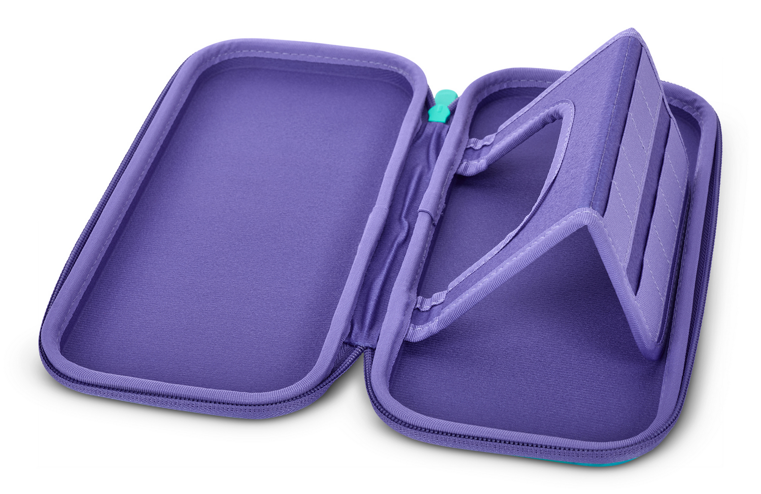 Estuche morado, abierto, revelando un compartimento y un separador.