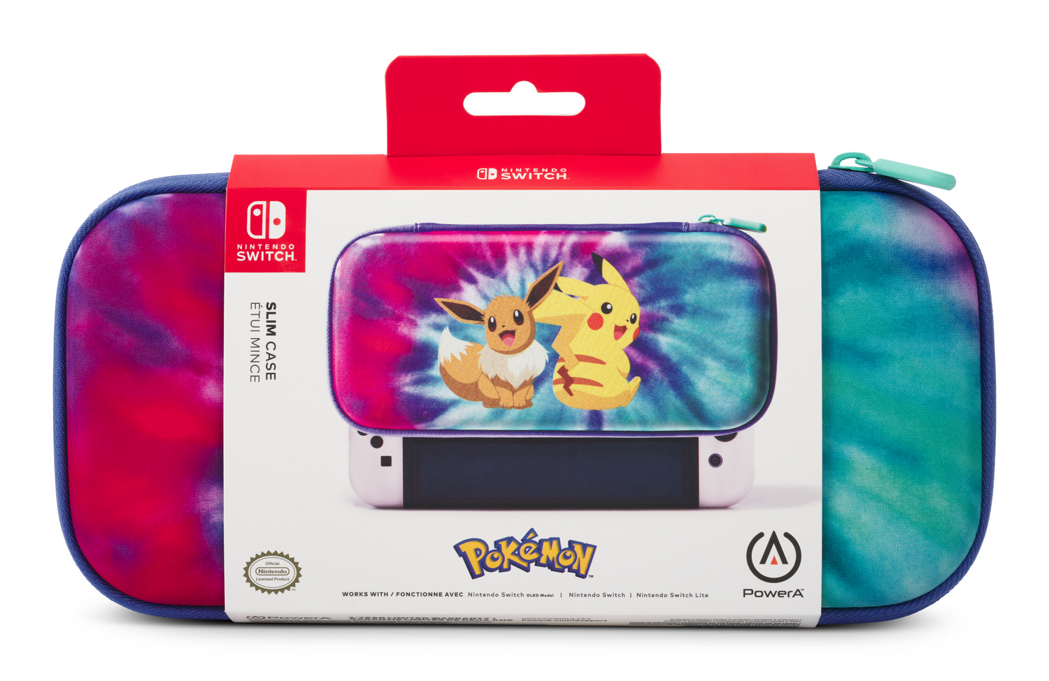 Funda Nintendo Switch con diseño tie-dye. Contiene personajes Pikachu y Eevee y texto.