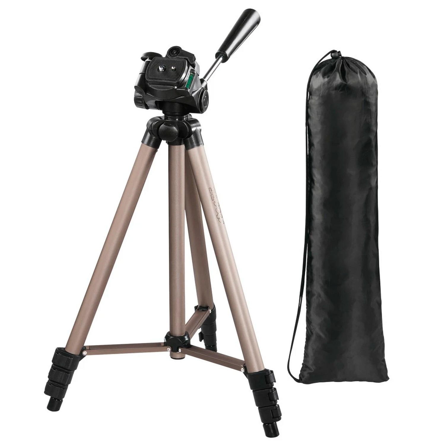 A tripod with a black bag in the background. It has three legs.