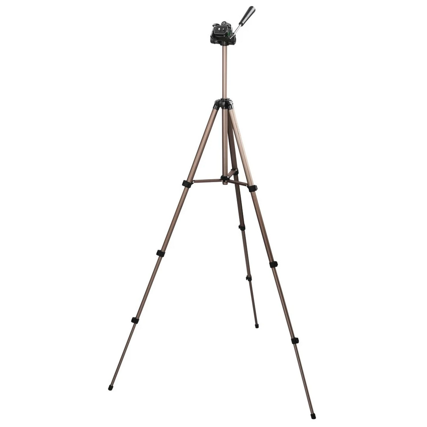 A brown and silver tripod on a white background. It has three legs extended and a camera mount.