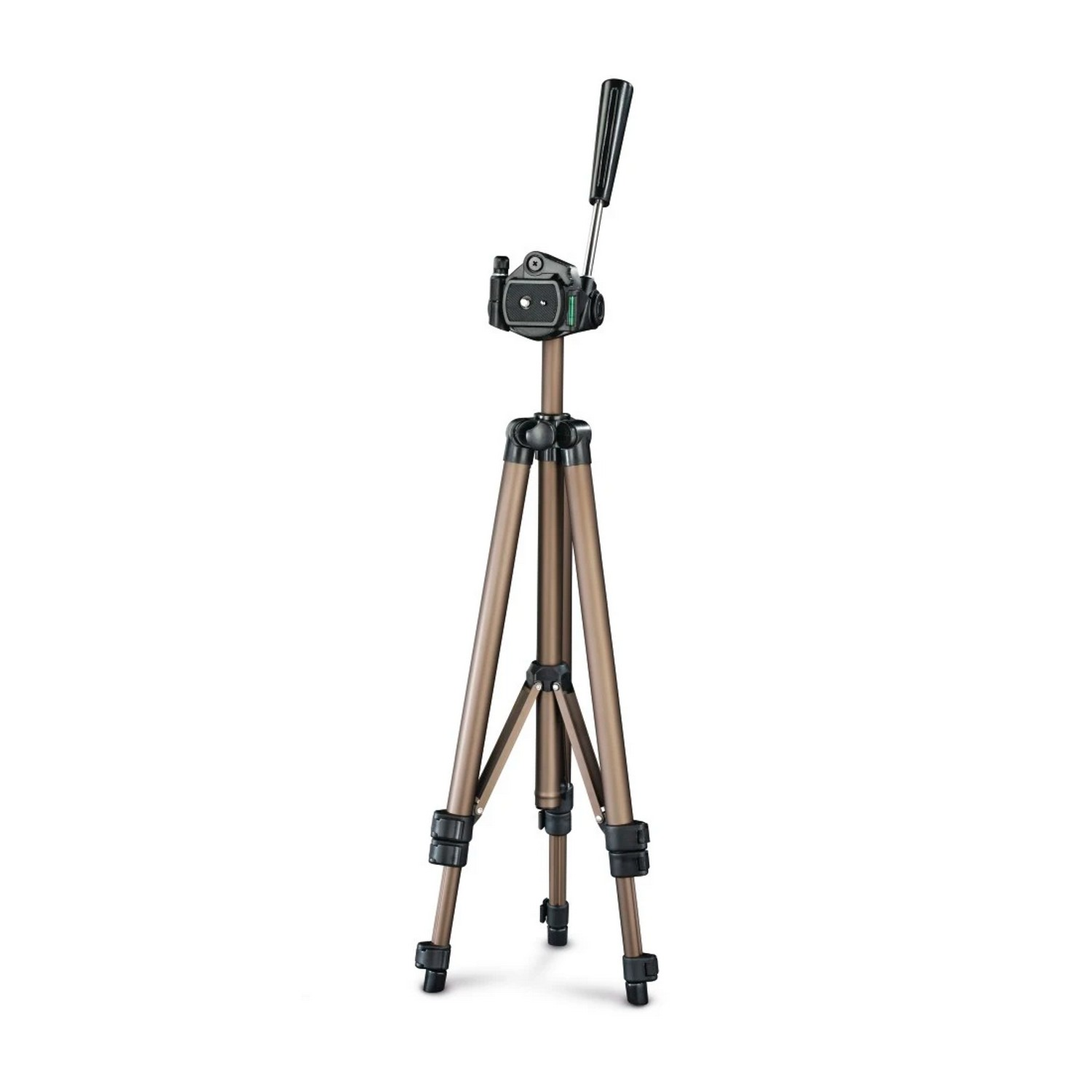 A brown and black tripod, used for photography. It has adjustable legs and a head with a handle.