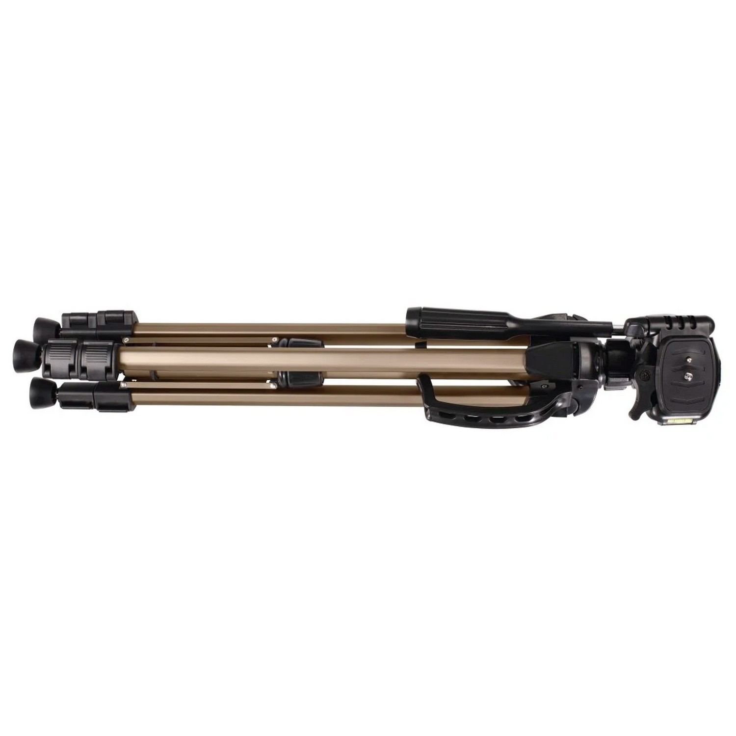 Tripod, brown legs, black head, handle, and quick-release plate, horizontal view.