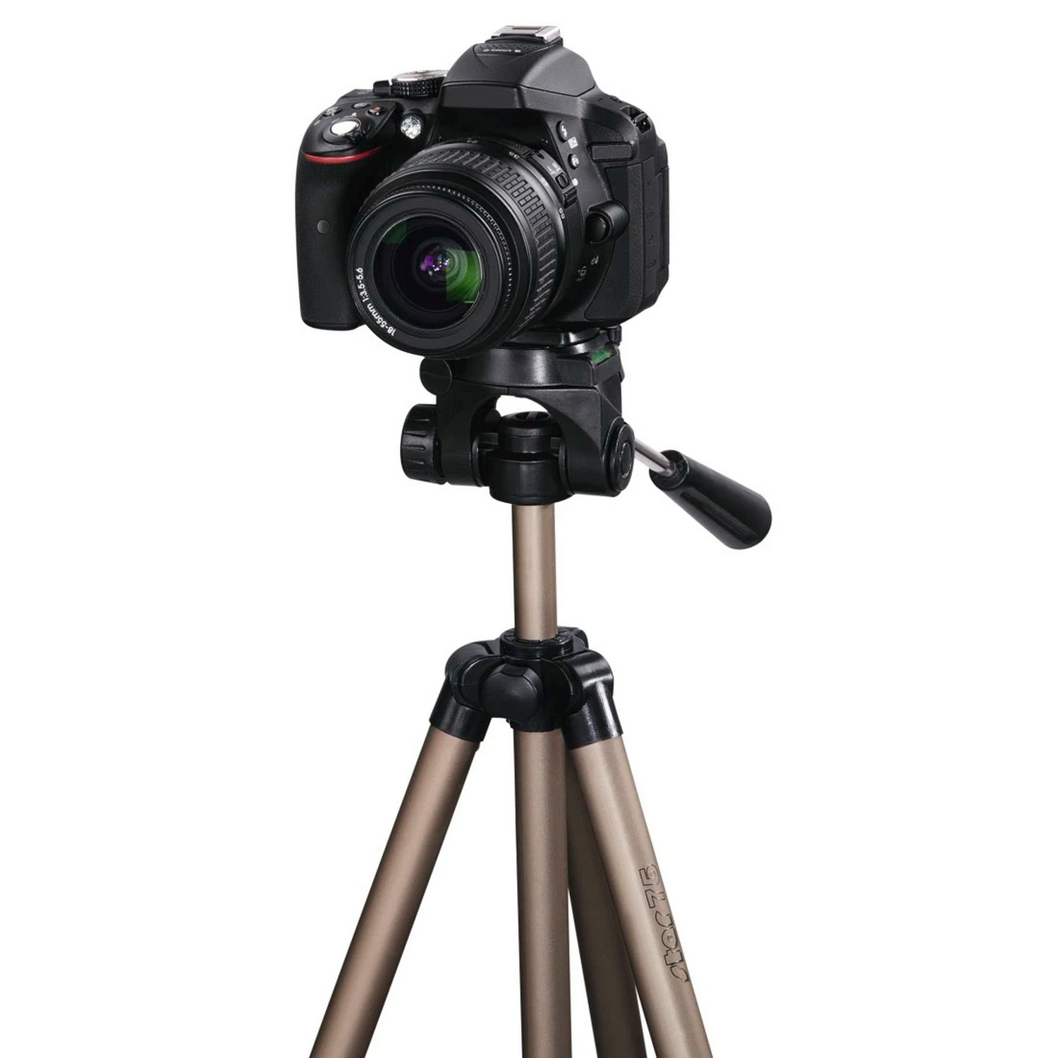A camera is mounted on a tripod. The camera is black with a lens. The tripod is bronze colored.
