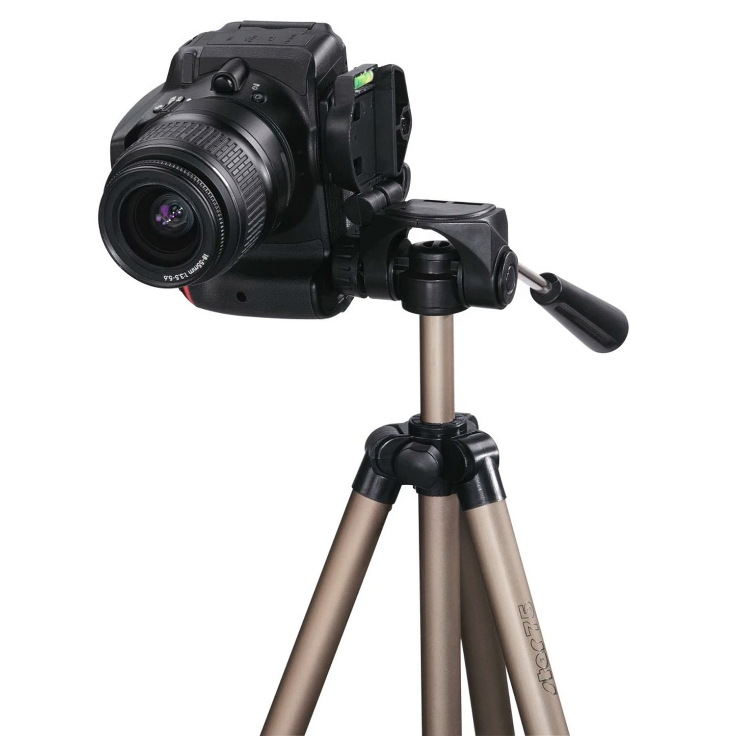 Camera on a tripod. The camera is black, with a lens. White background.