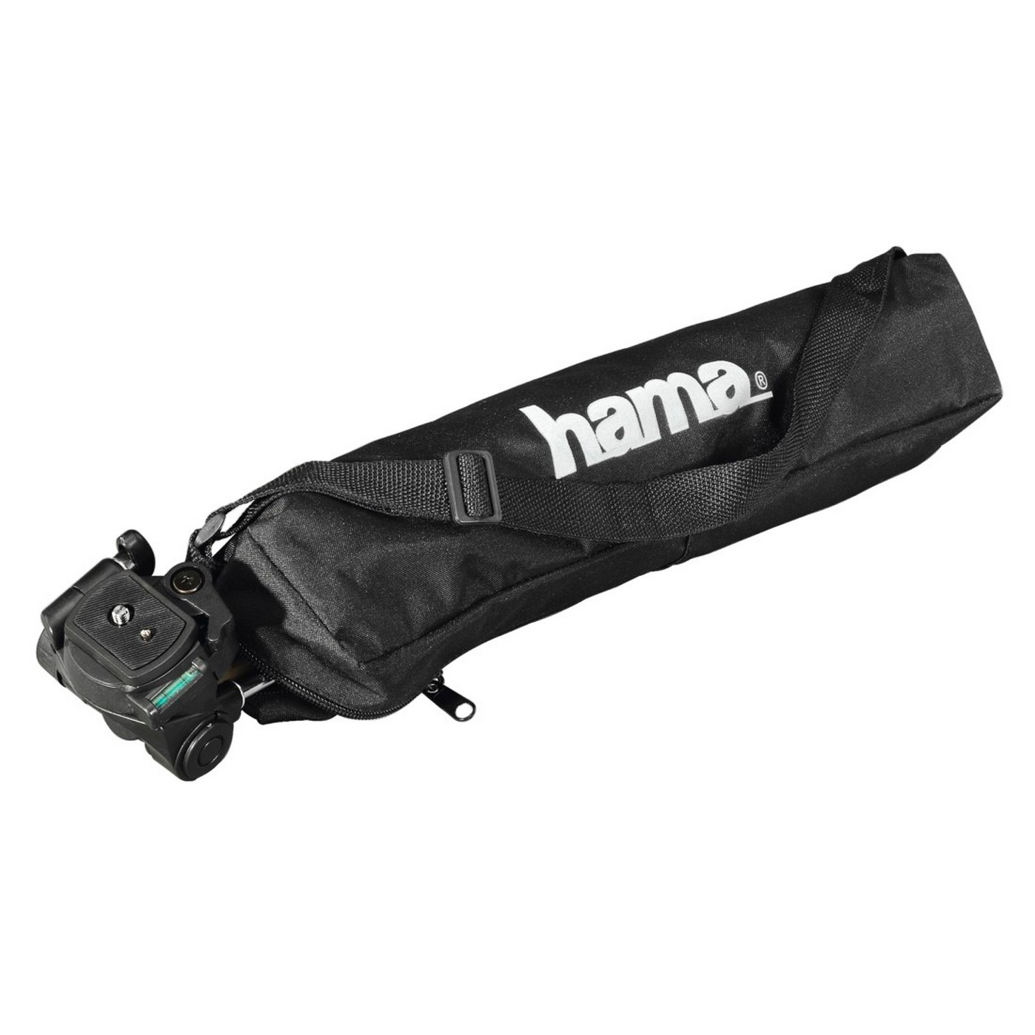 Black tripod bag with a tripod head visible, white background.