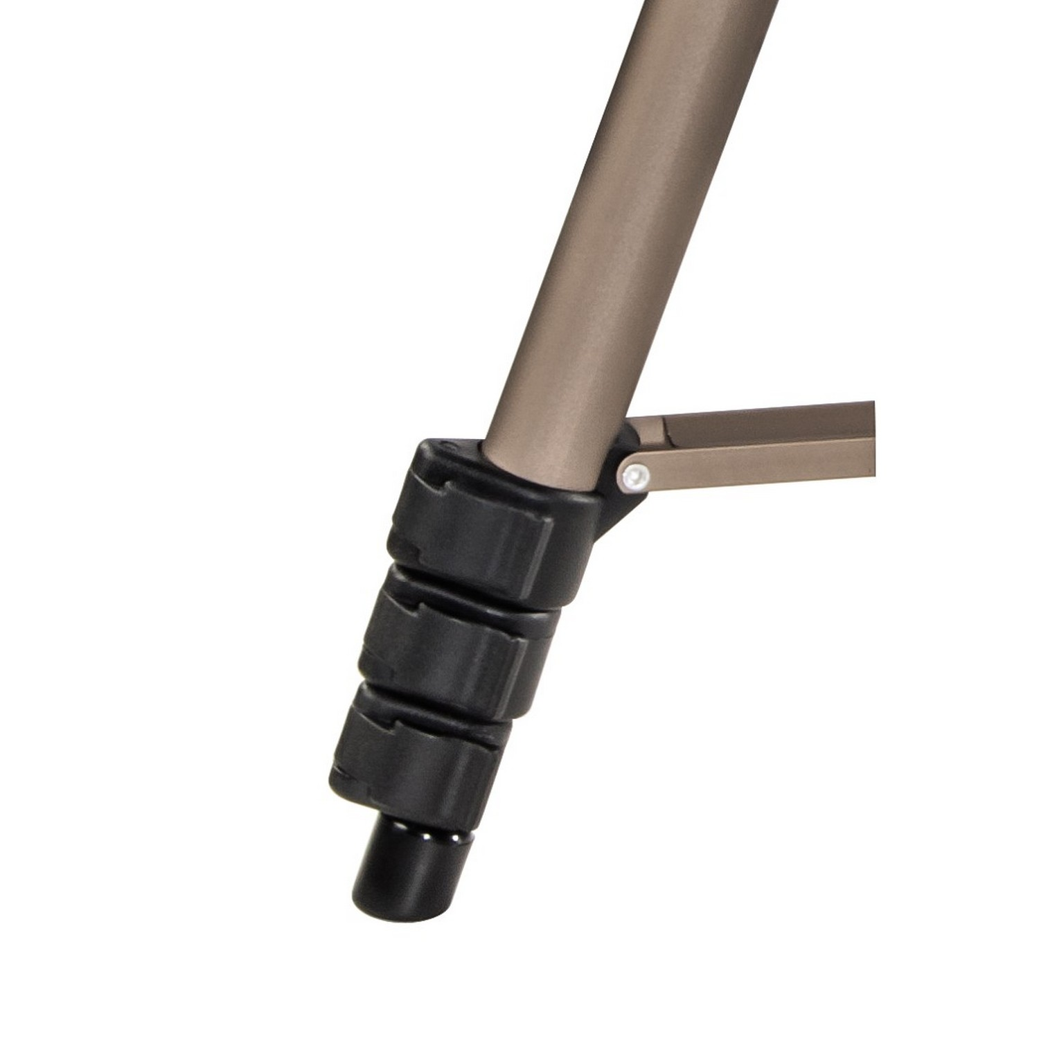 Close-up of a tripod's leg with locking mechanisms and a black foot.
