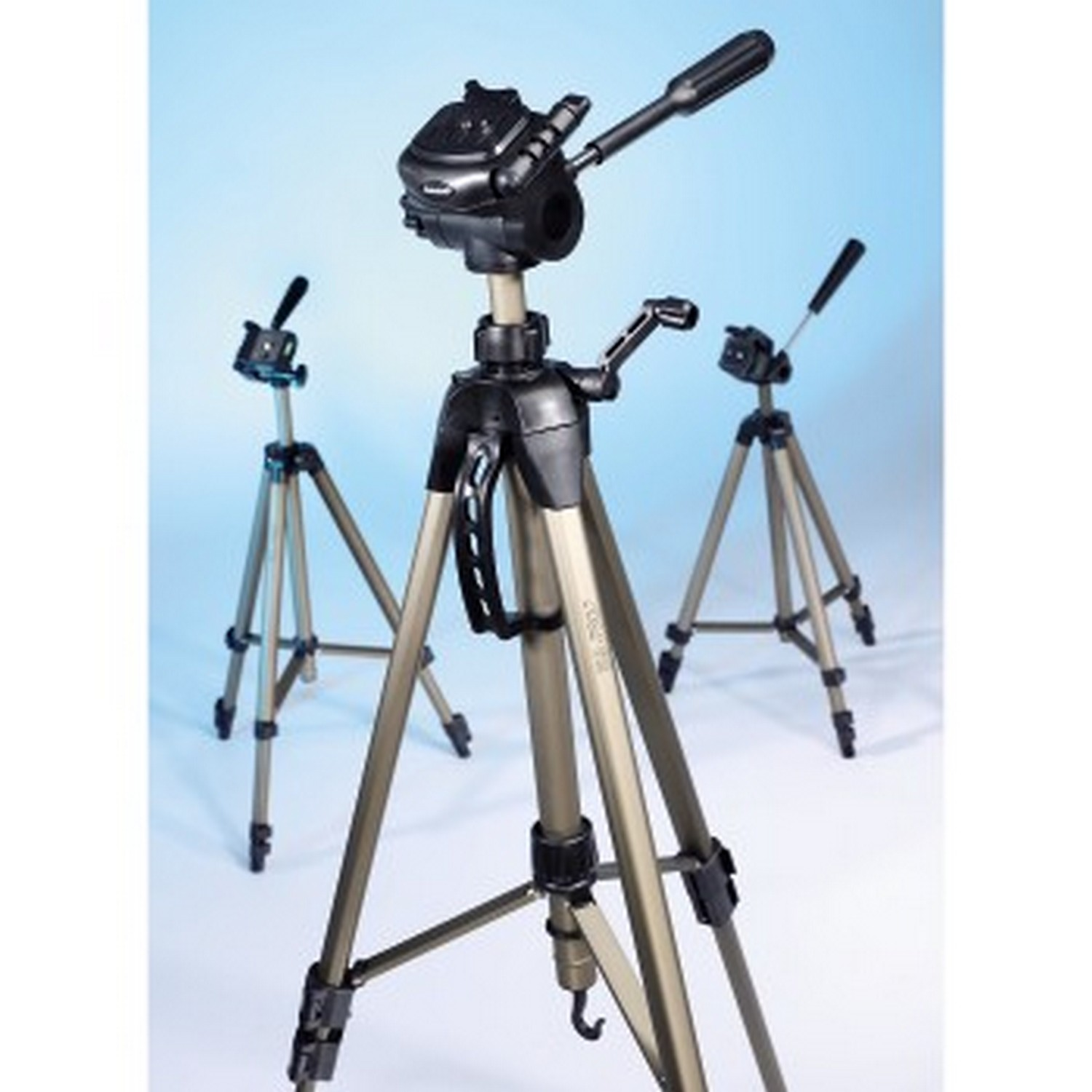 Three tripods on a blue background, one in focus with a handle.
