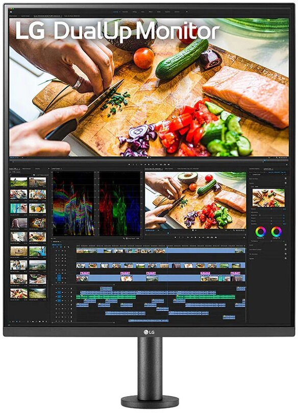 Monitor DualUp z dwoma ułożonymi na stosie ekranami. Osoba kroi warzywa na górnym ekranie. Oprogramowanie do edycji poniżej.