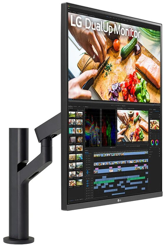 Monitor LG DualUp wyświetlający film z gotowaniem i oprogramowanie do edycji wideo.