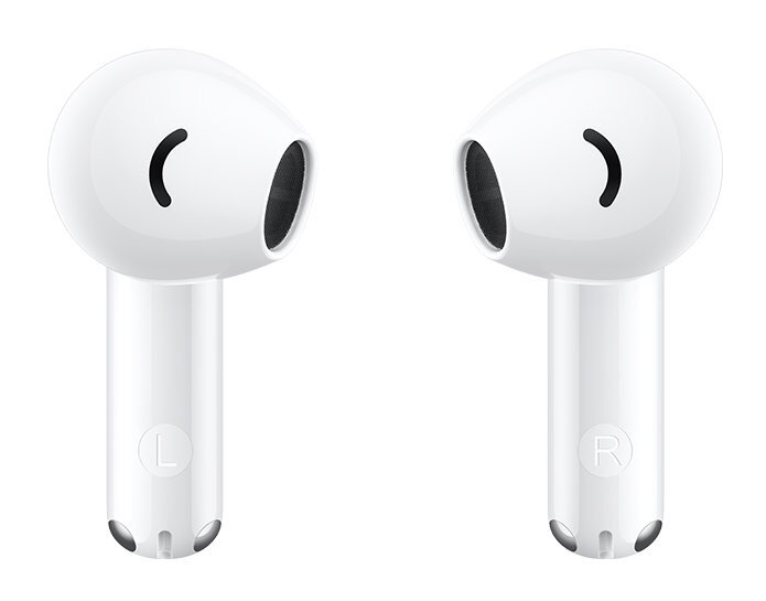 Dwa białe bezprzewodowe słuchawki, widoczne z boku.