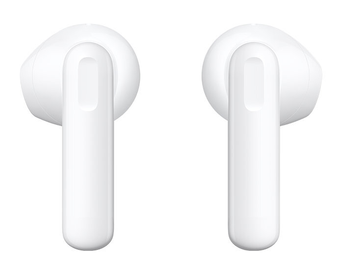 Dwie białe bezprzewodowe słuchawki douszne, każda z trzpieniem, na białym tle.