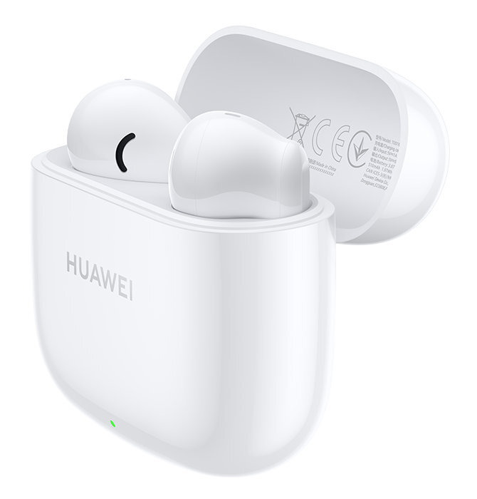 Białe słuchawki douszne w etui ładującym. Etui jest otwarte, odsłaniając słuchawki douszne w środku.