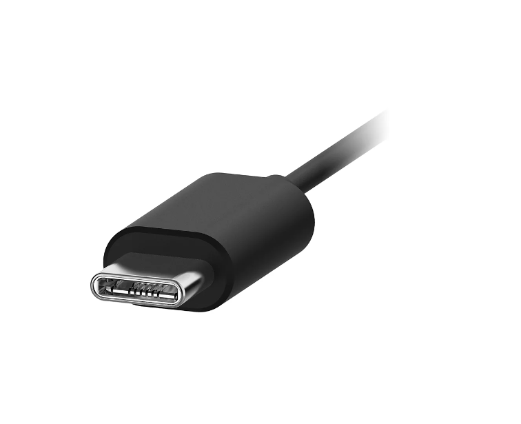 Siyah USB-C kablo başlığı. Yakın çekim. Beyaz arka plan.