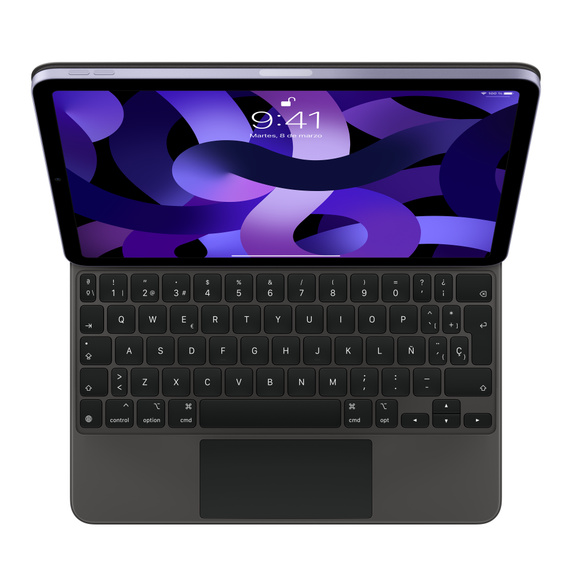 iPad Air abierto con teclado. La pantalla muestra un diseño abstracto morado.