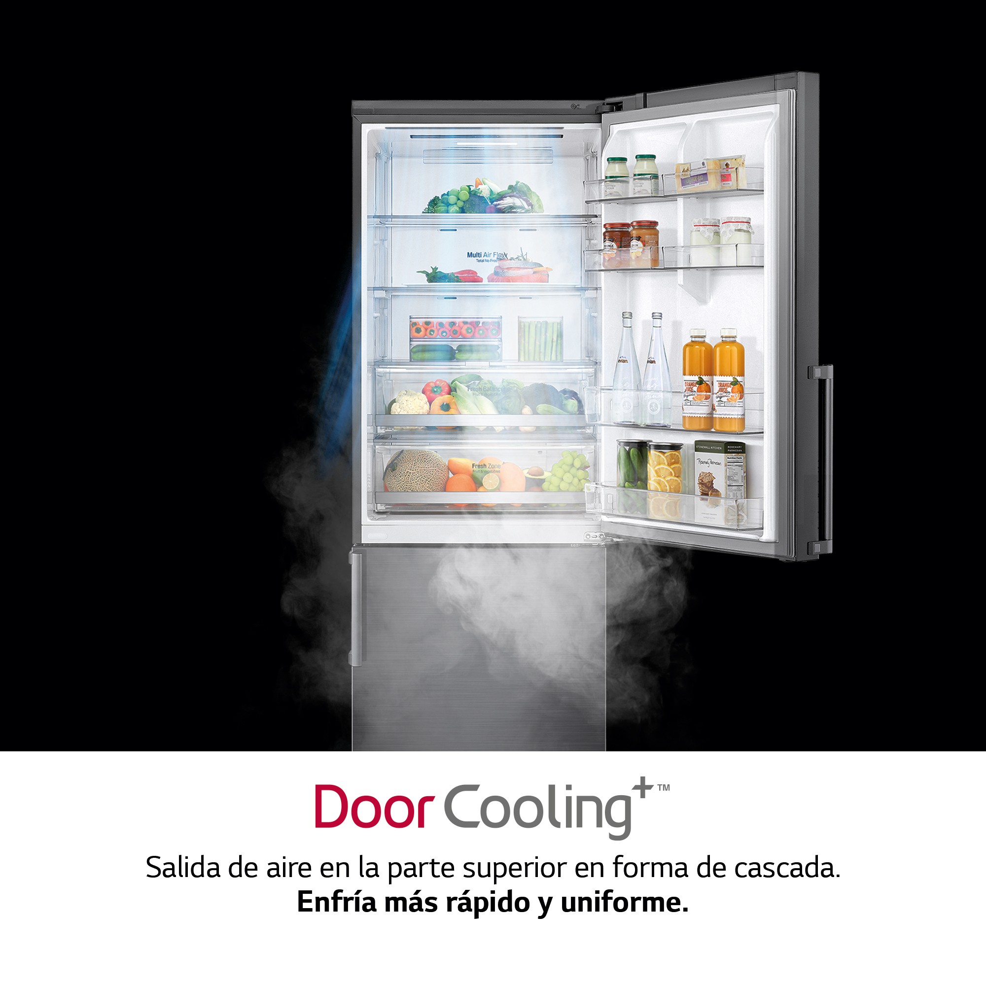 Refrigerador abierto con alimentos y sistema Door Cooling visible.