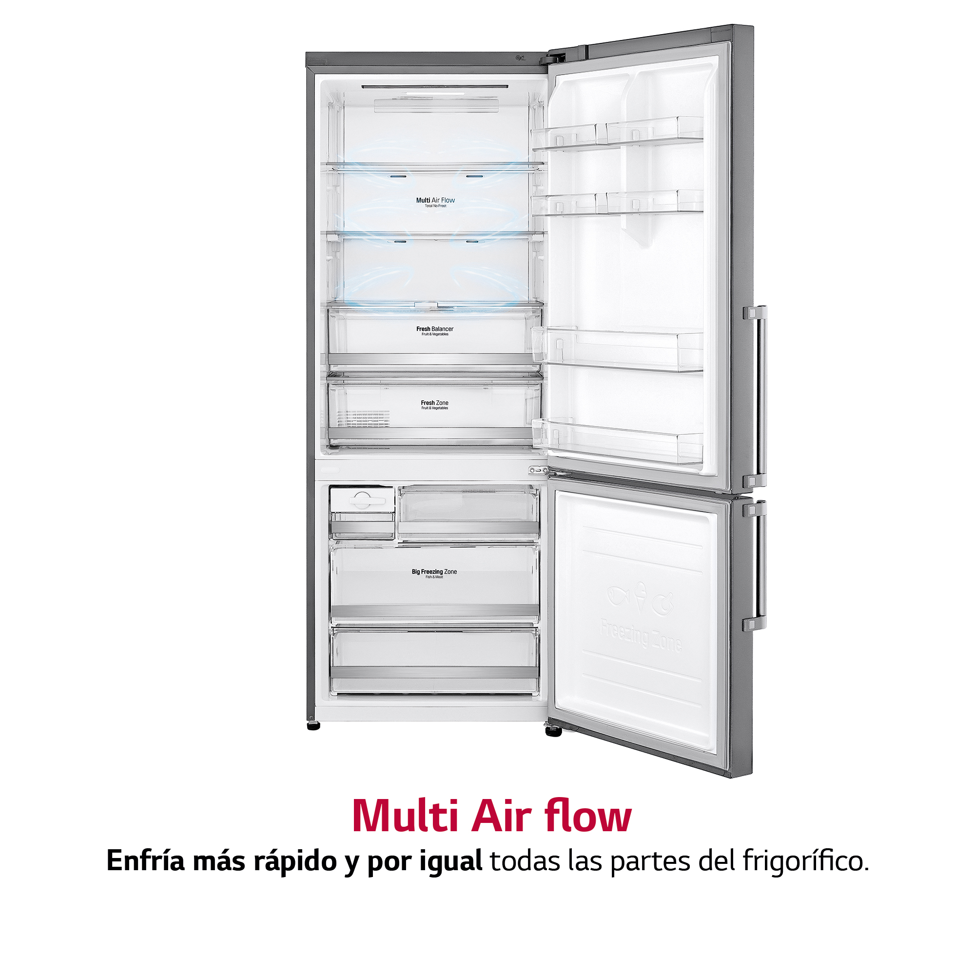 Interior de refrigerador LG abierto con estantes, cajones y luces, mostrando componentes internos.