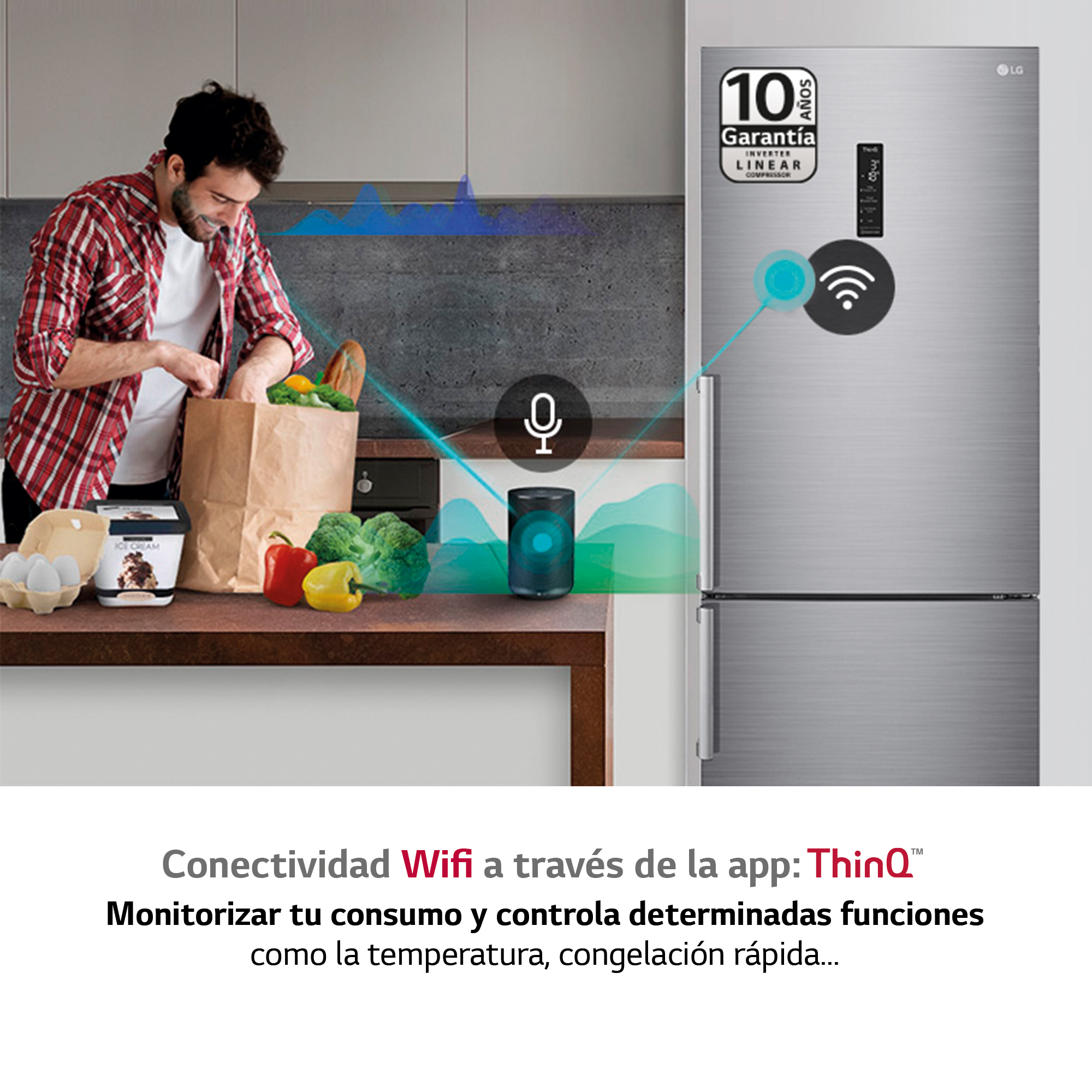 Hombre empacando comestibles en un refrigerador con panel de control inteligente. Icono WiFi, texto sobre la aplicación ThinQ.