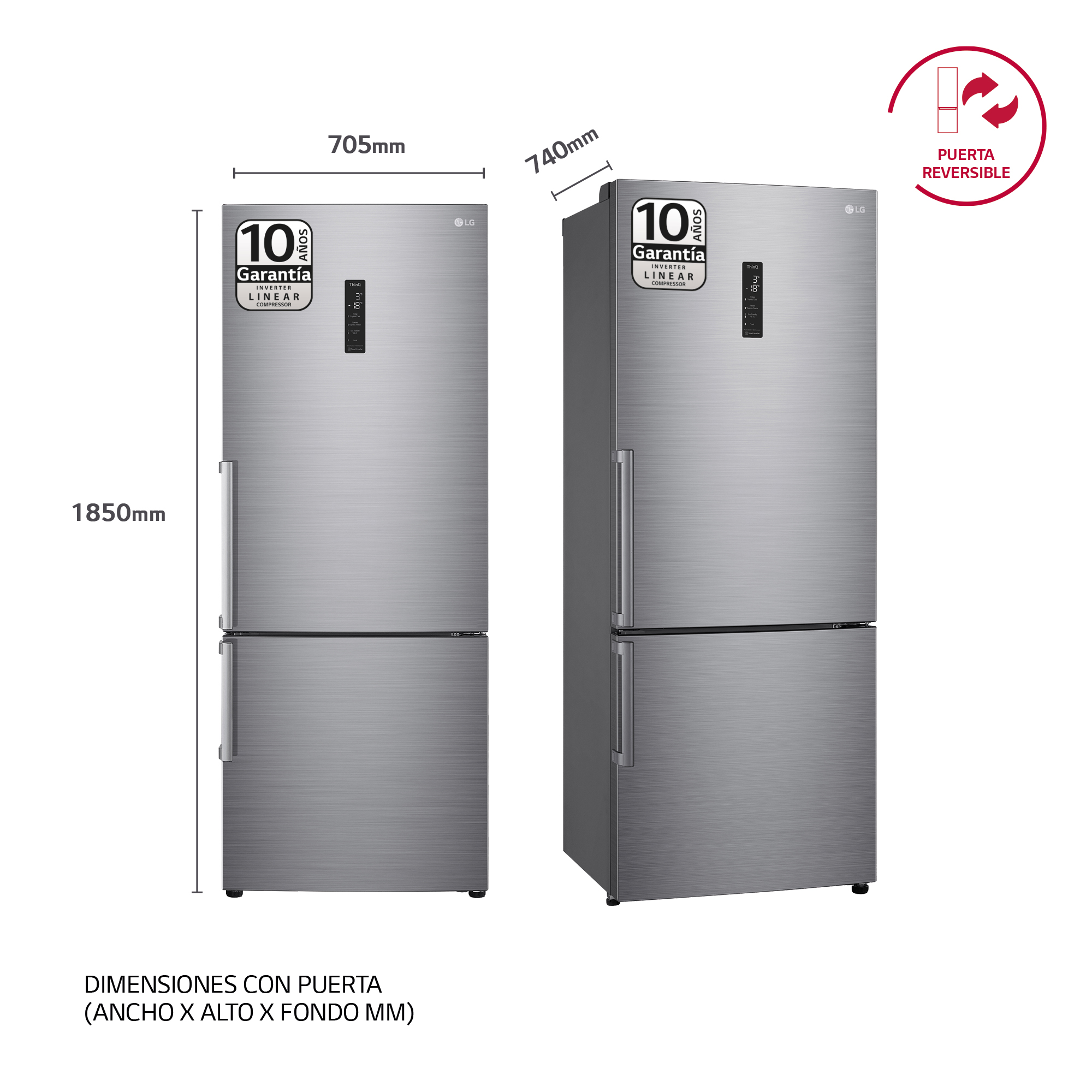 Dos refrigeradores plateados con dimensiones. Uno muestra la opción de puerta abierta.