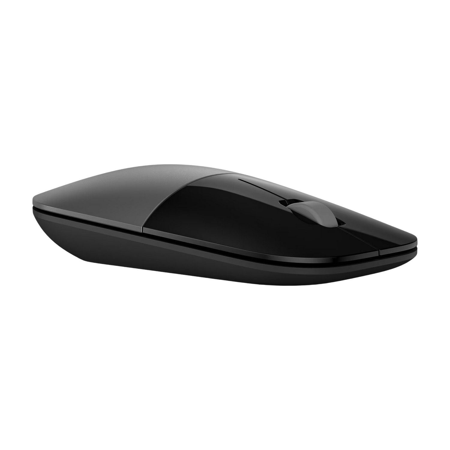 Souris d'ordinateur noire, vue de dessus, design lisse et incurvé, molette de défilement centrée.