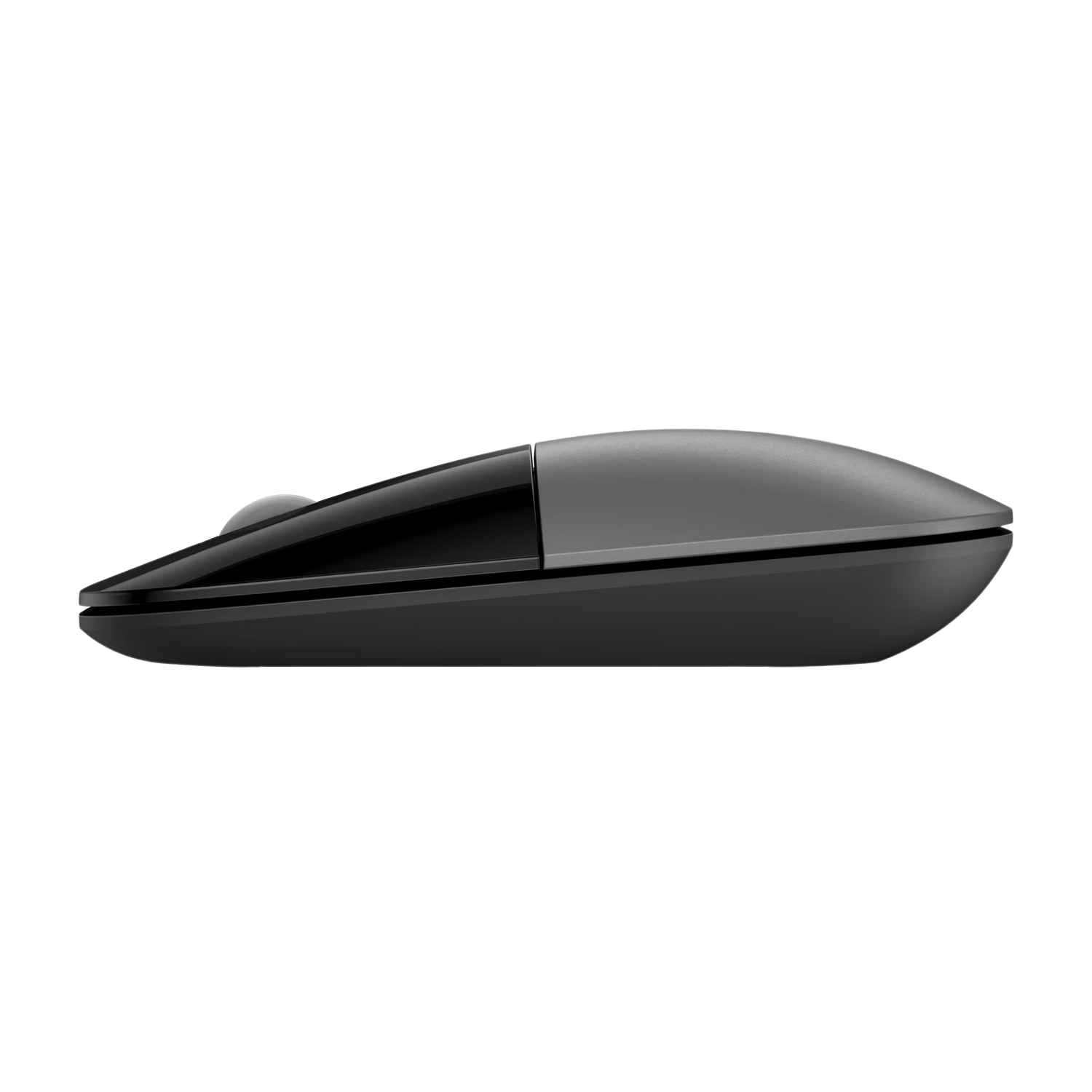 Souris d'ordinateur noire, vue latérale, montrant sa forme incurvée et la molette.
