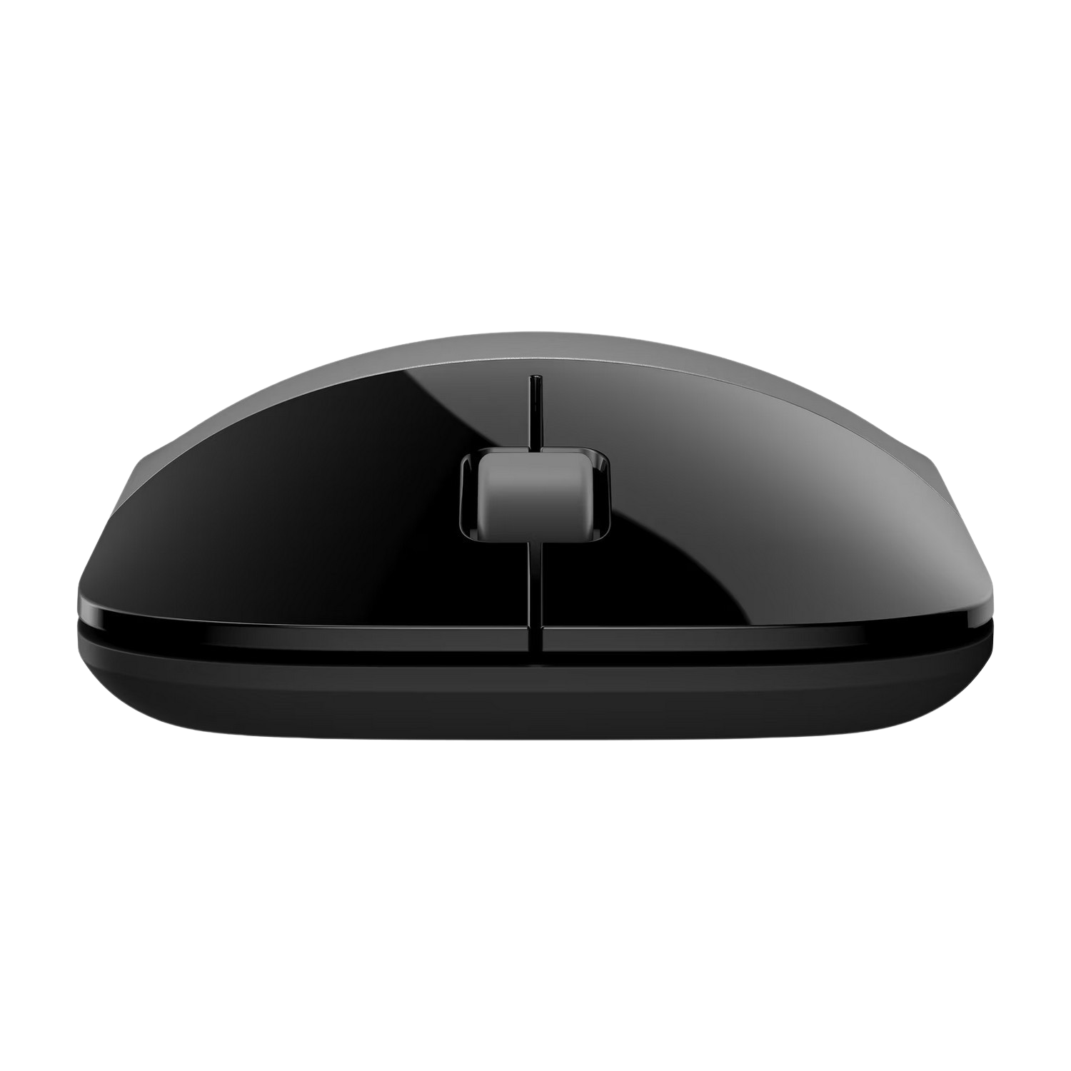 Souris d'ordinateur noire, vue de dessus, avec molette de défilement et boutons. Surface brillante.