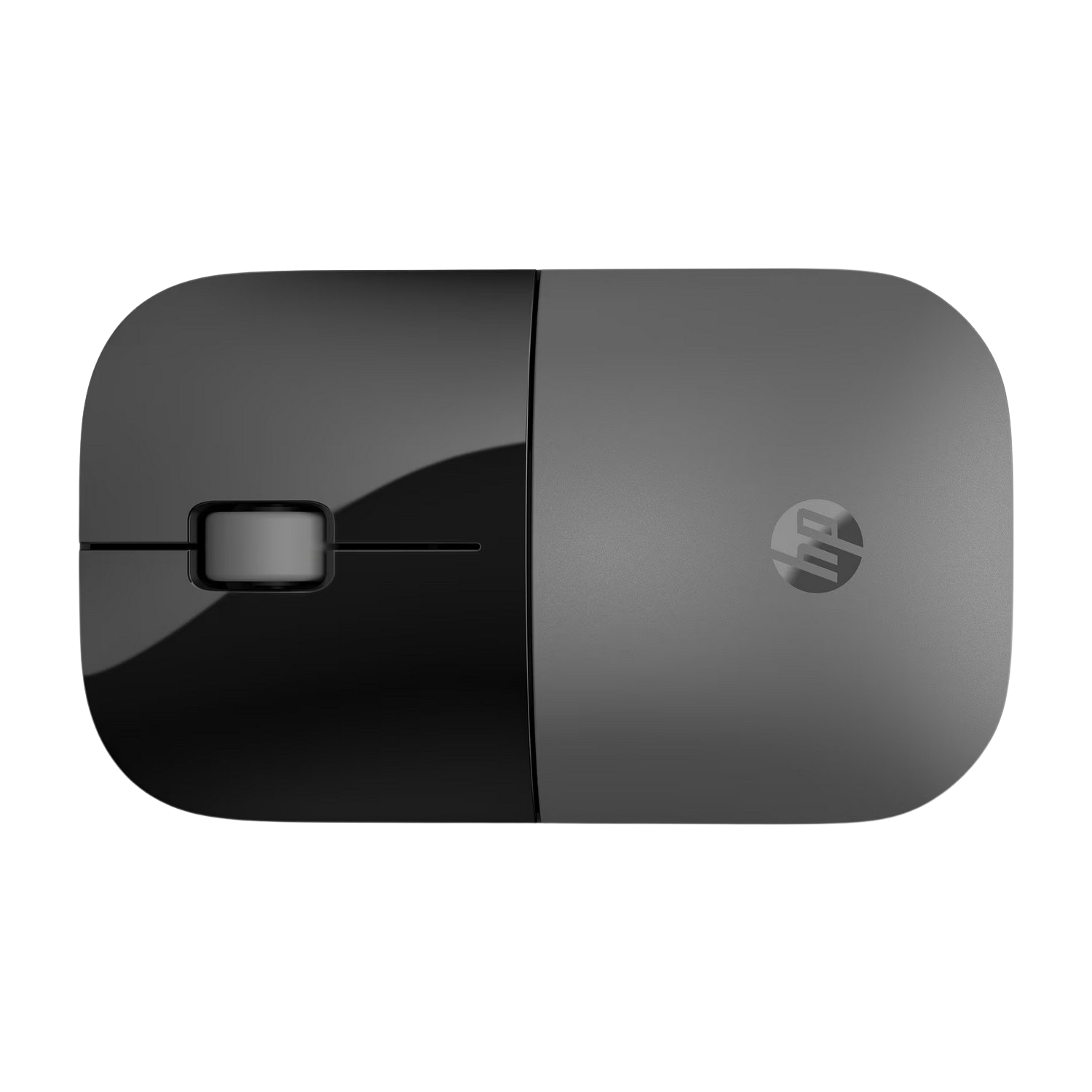 Souris d'ordinateur HP noire. La surface supérieure est divisée en deux sections, avec une molette.