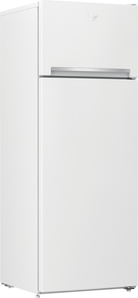 A tall white Beko refrigerator with two doors, a handle, and the Beko logo.