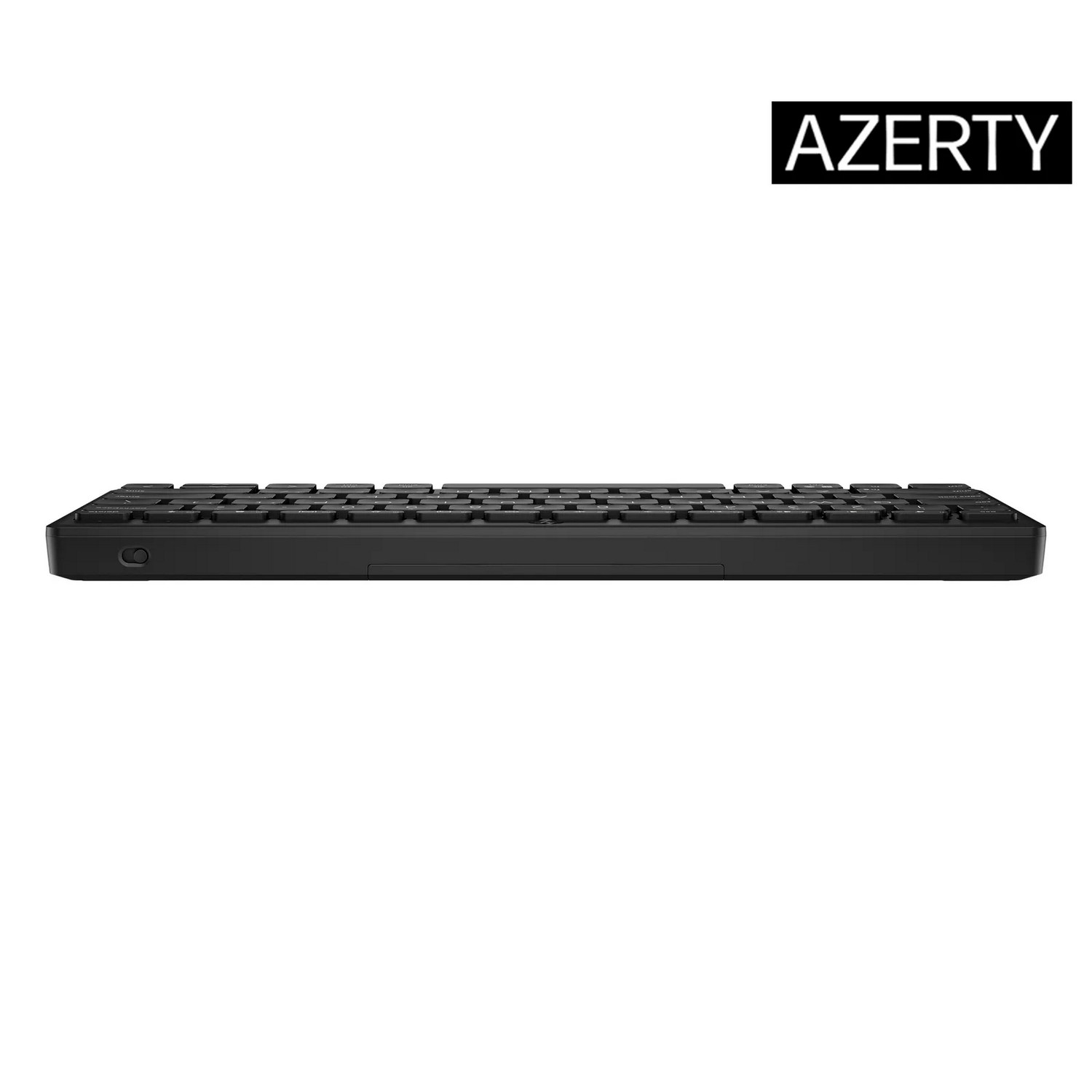 Black computer keyboard with AZERTY layout, seen from the side.