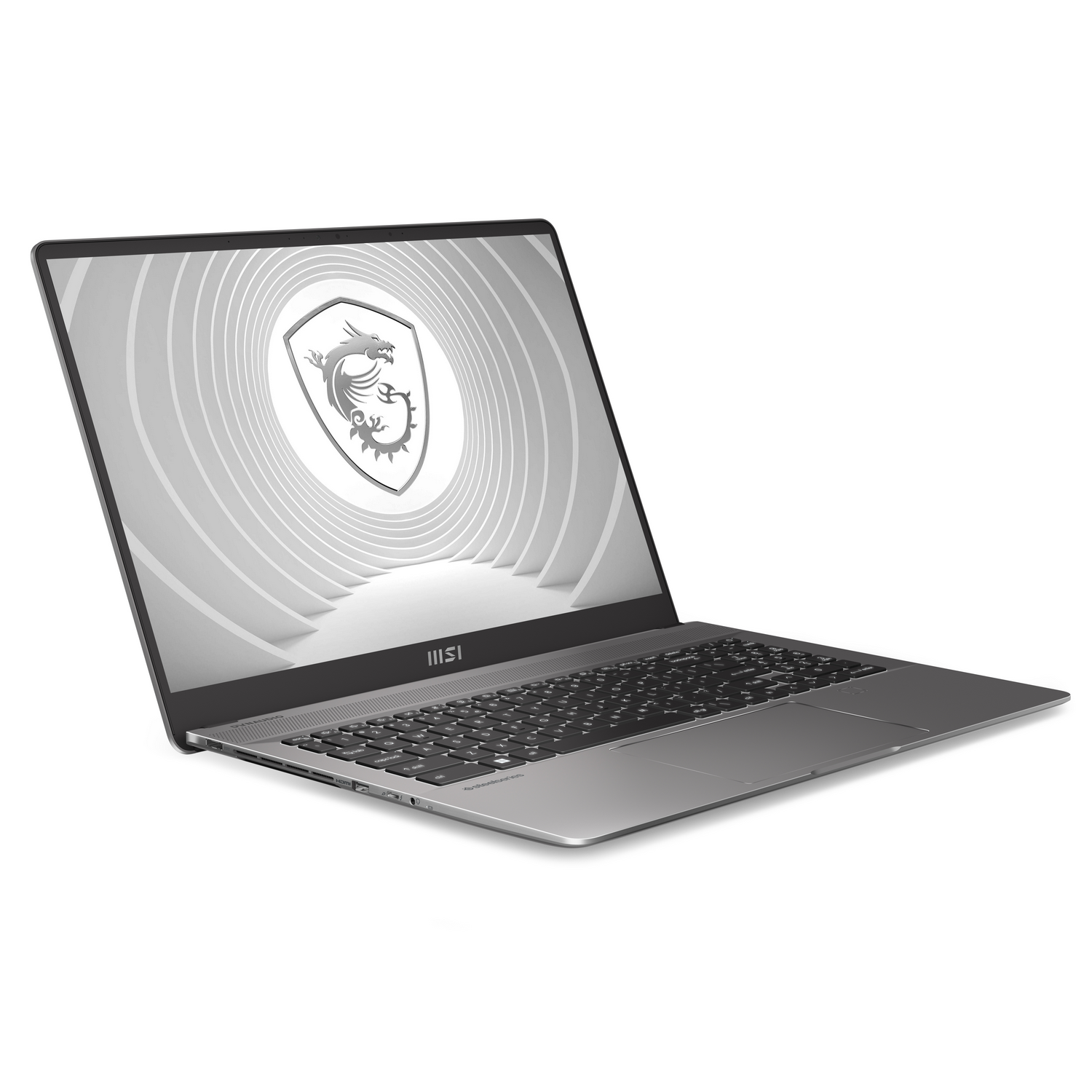 Un portátil plateado con el logotipo de MSI abierto, sobre un fondo blanco con un patrón circular.