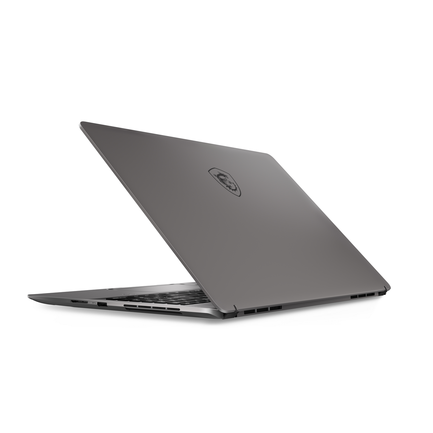 Una laptop gris, vista trasera, inclinada abierta.