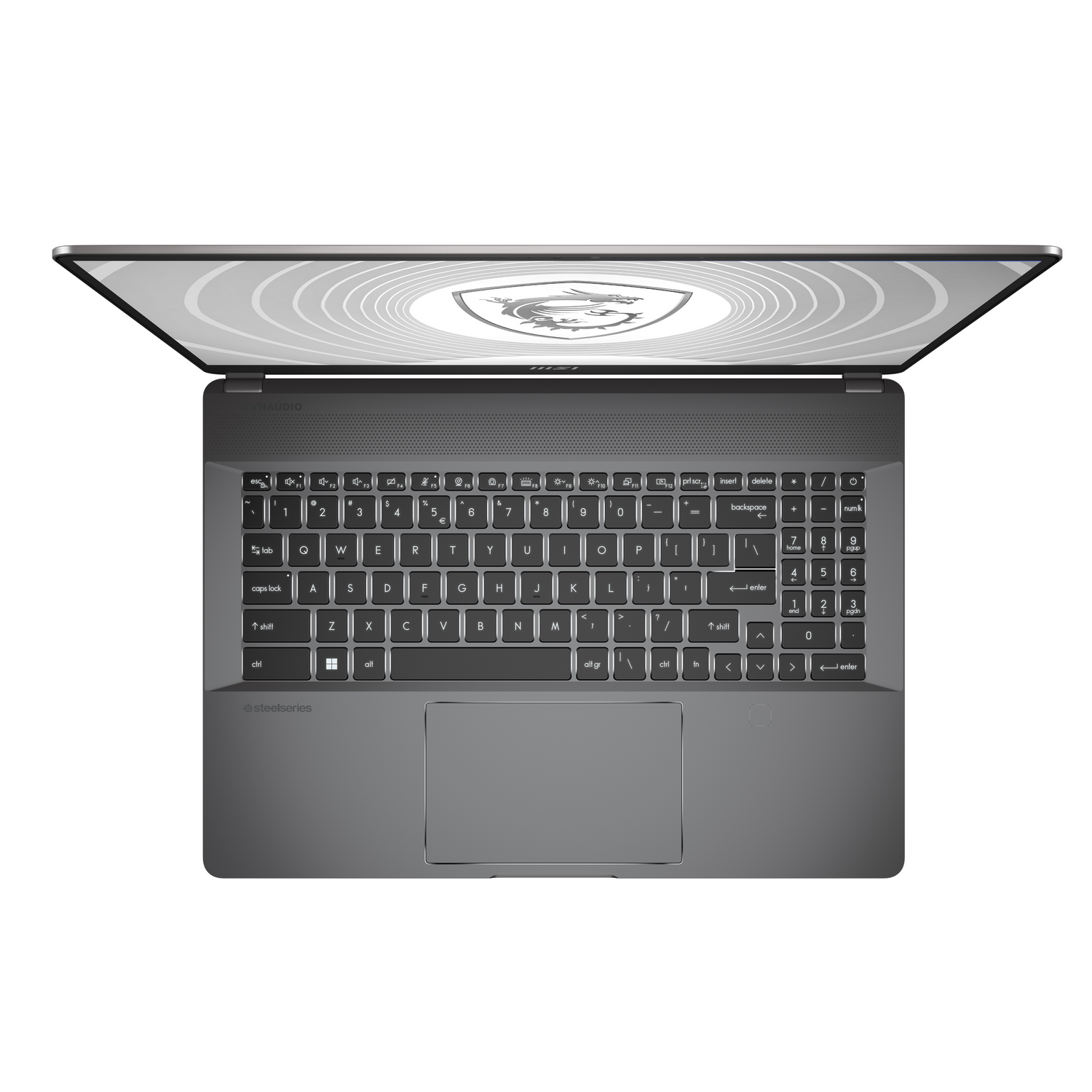Ordenador portátil, abierto, vista superior. Teclado visible, con panel táctil. Logo MSI arriba.