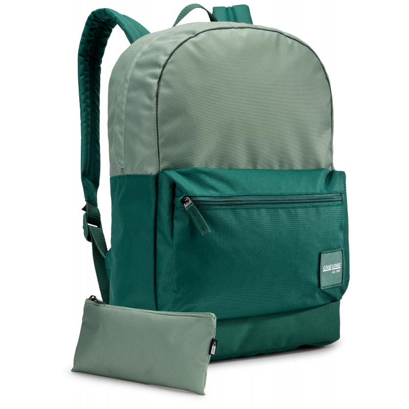 Mochila verde y verde azulado con un estuche a juego, asa negra y etiqueta Case Logic.