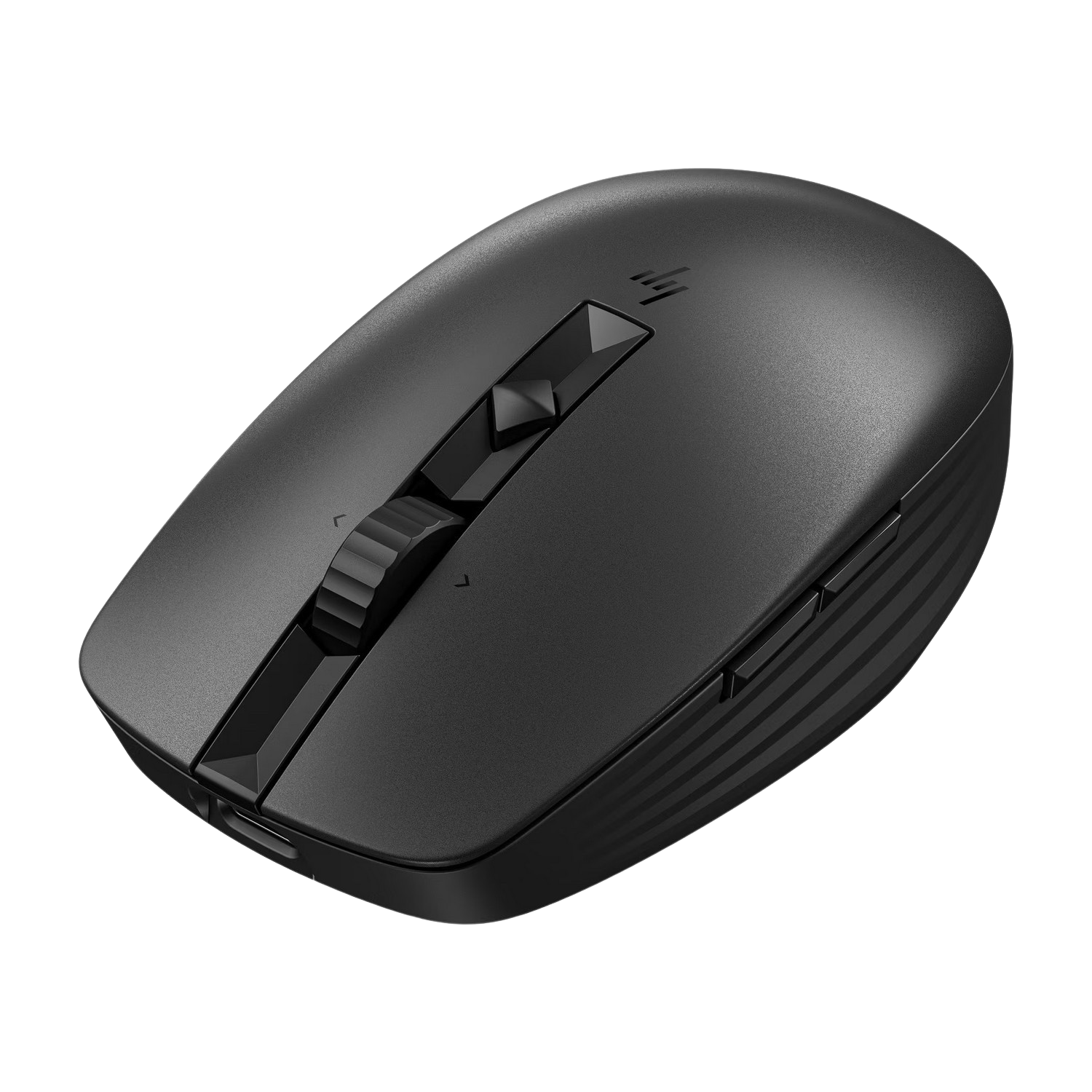 Souris sans fil HP noire. Comprend une molette de défilement, des boutons et le logo HP. Fond sombre.