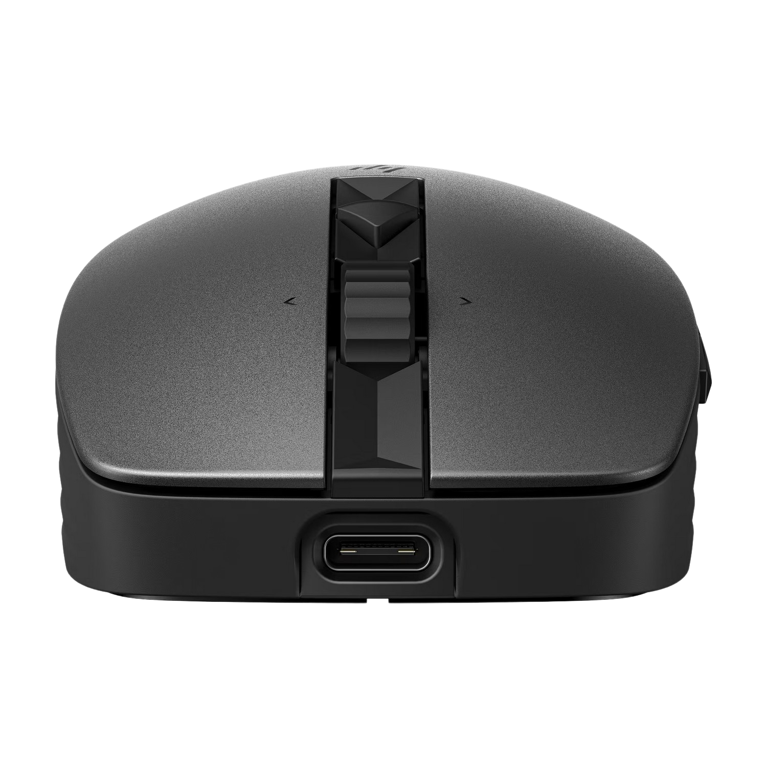 Souris d'ordinateur noire. Vue de dessus. Molette au milieu.