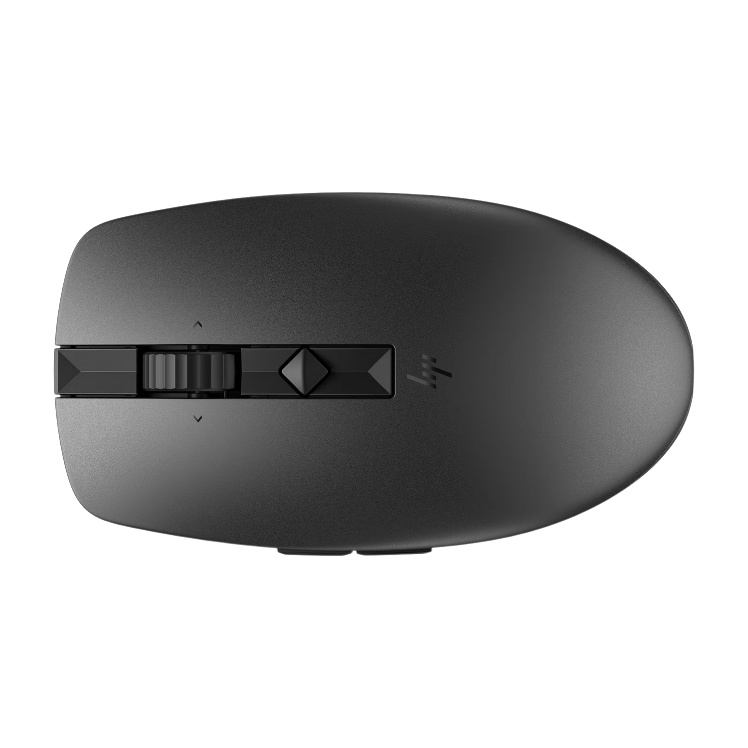 Une souris HP gris foncé avec une molette de défilement et deux boutons, vue de dessus sur fond noir.