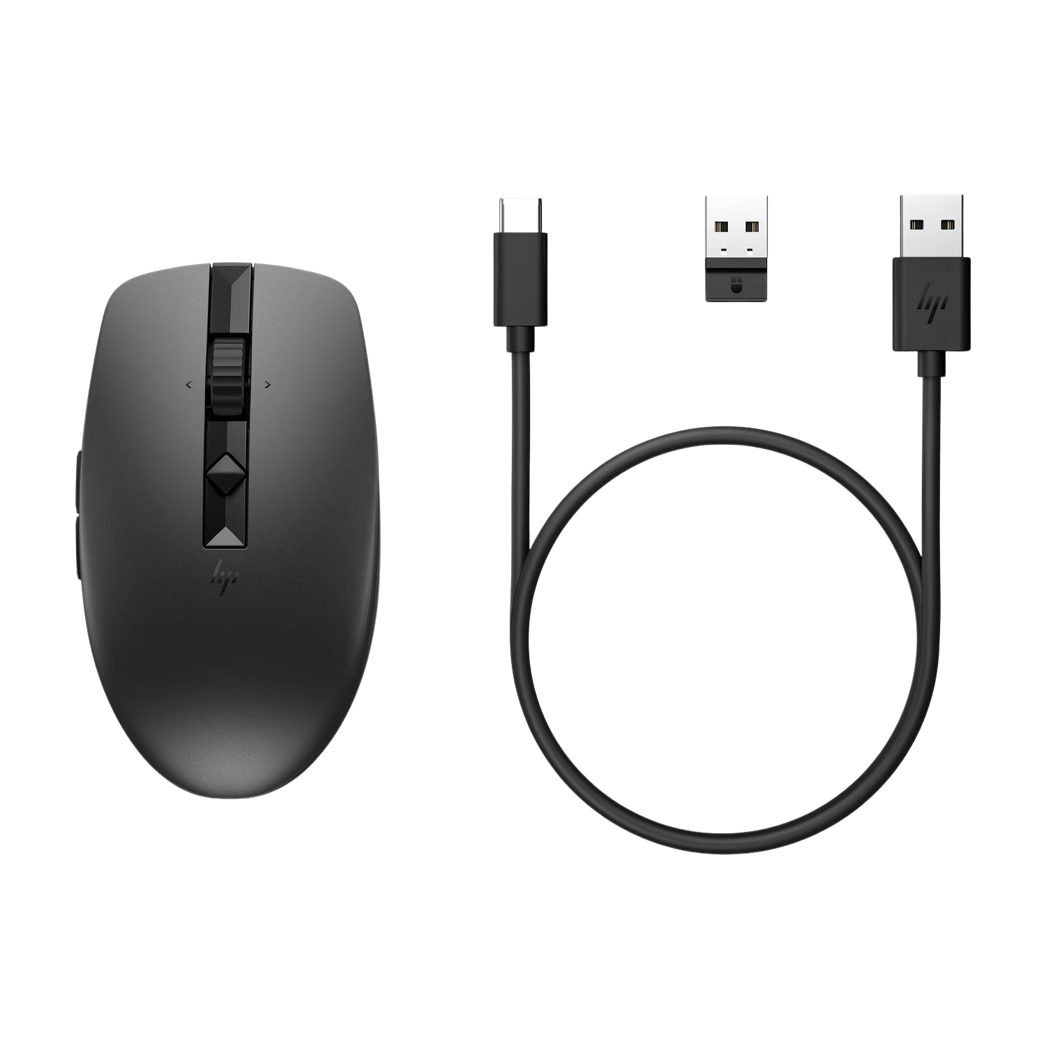 Une souris gris foncé avec un câble USB et un récepteur USB. La souris a des boutons latéraux.