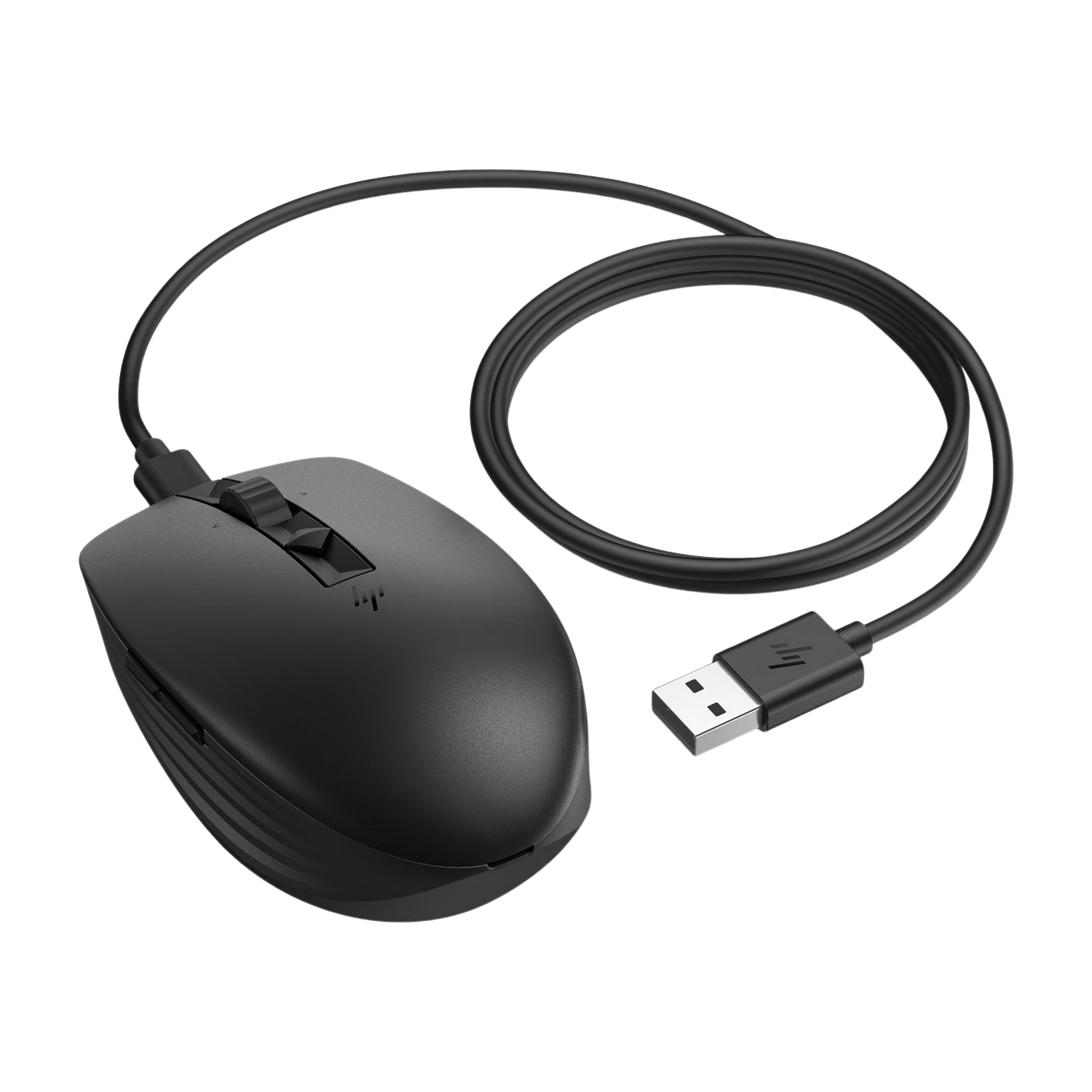 Une souris d'ordinateur noire avec un câble et un connecteur USB sur fond noir.