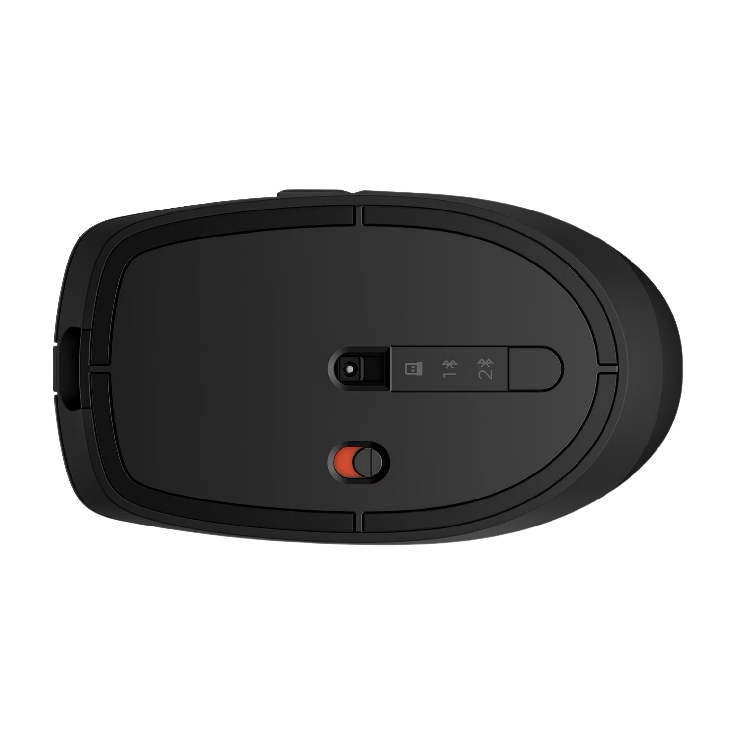 Vue de dessous d'une souris gaming noire, avec interrupteur et bouton de réglage DPI.