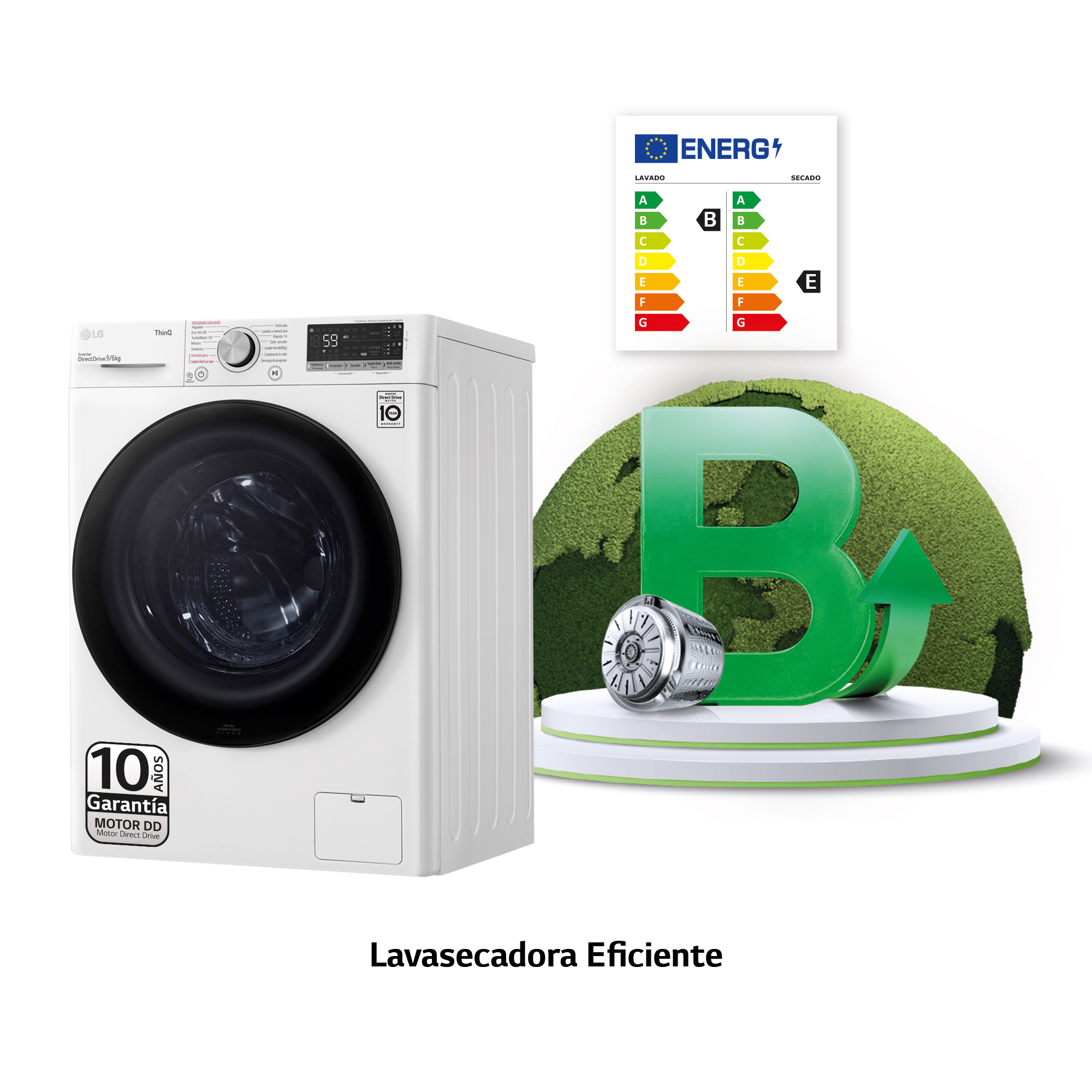 Una lavadora con etiqueta energ ética. Tiene una clasificación B y una flecha verde que apunta hacia arriba.