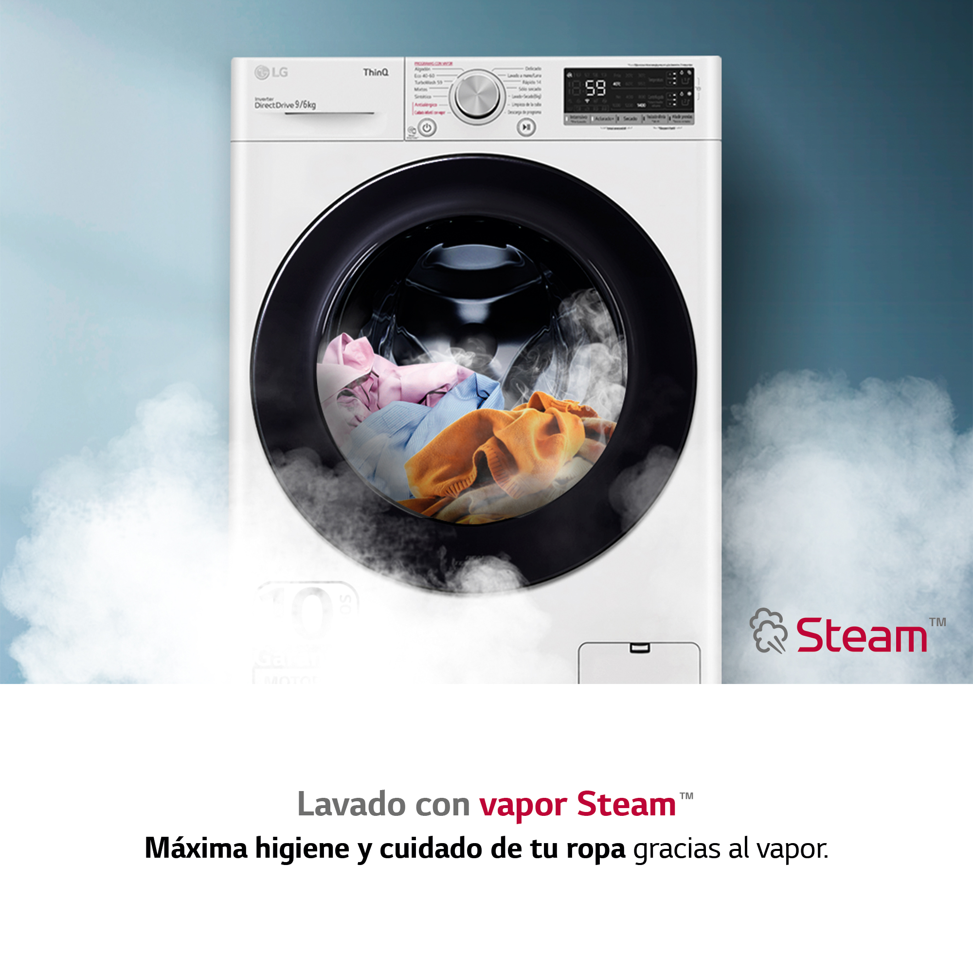 Lavadora con ropa dentro y función de vapor.