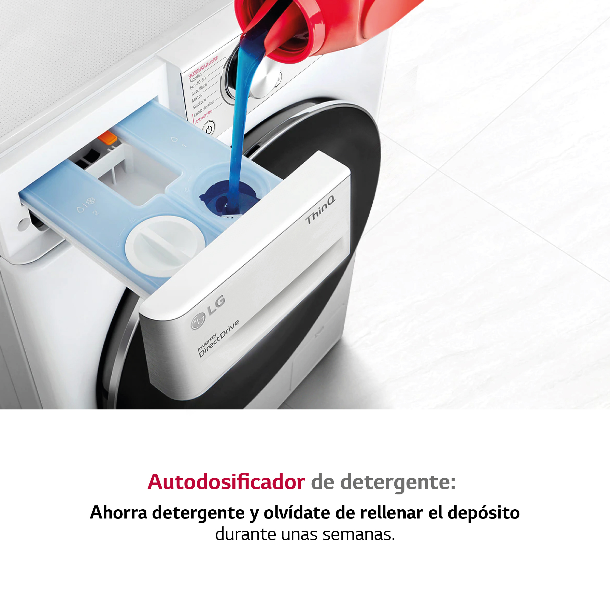Una lavadora con detergente vertiéndose en un dispensador. Texto en español dice, ahorra detergente.
