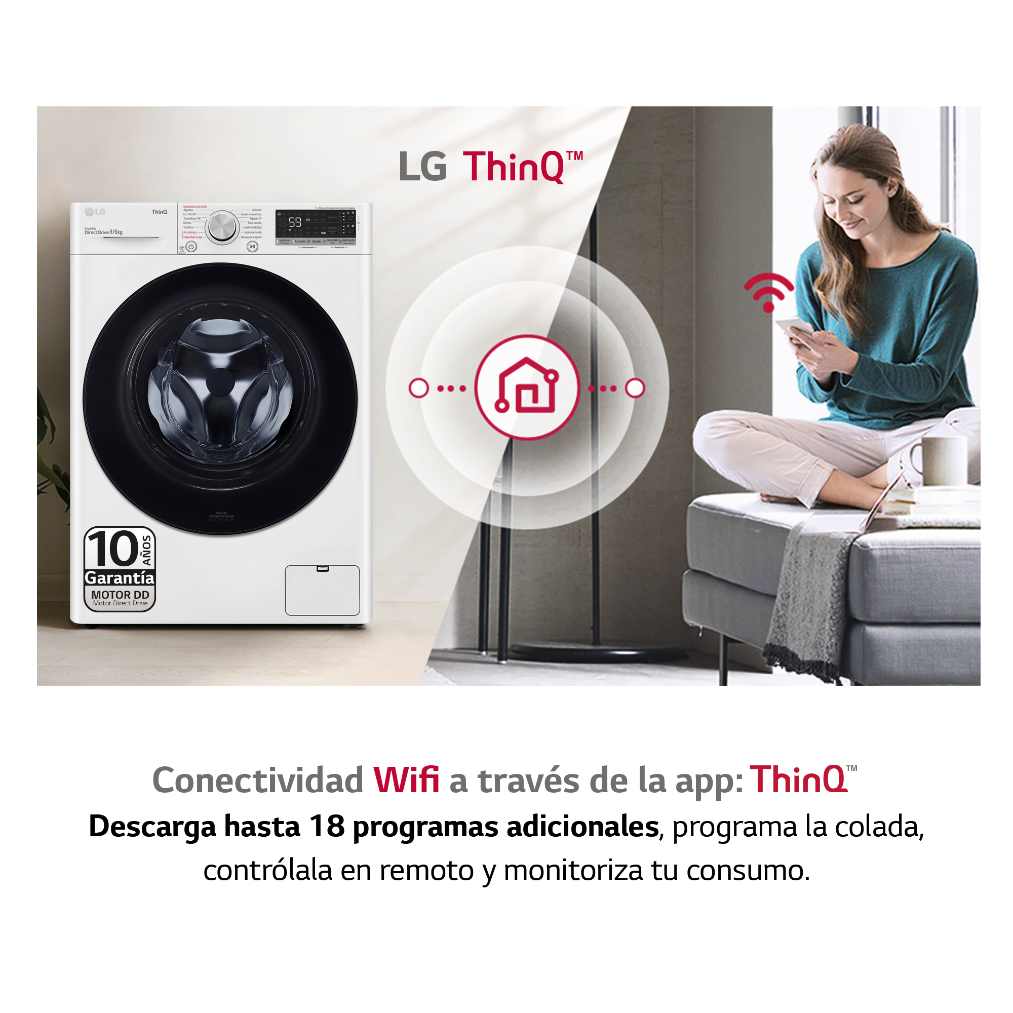 Mujer usando teléfono cerca de lavadora LG blanca. Conectividad Wifi a través de app.