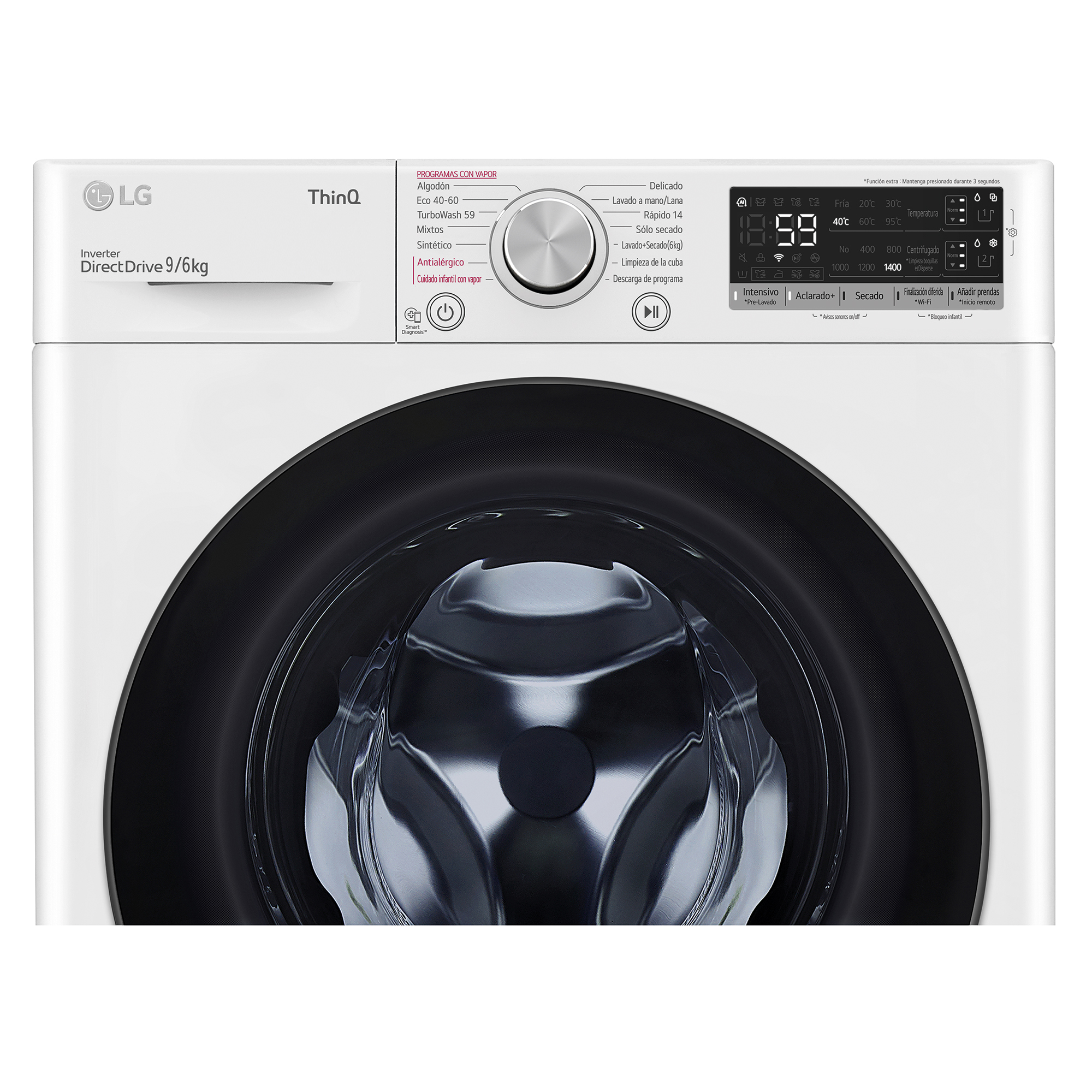 Lavadora LG blanca con puerta negra. Tiene un panel de control y una pantalla con ajustes.
