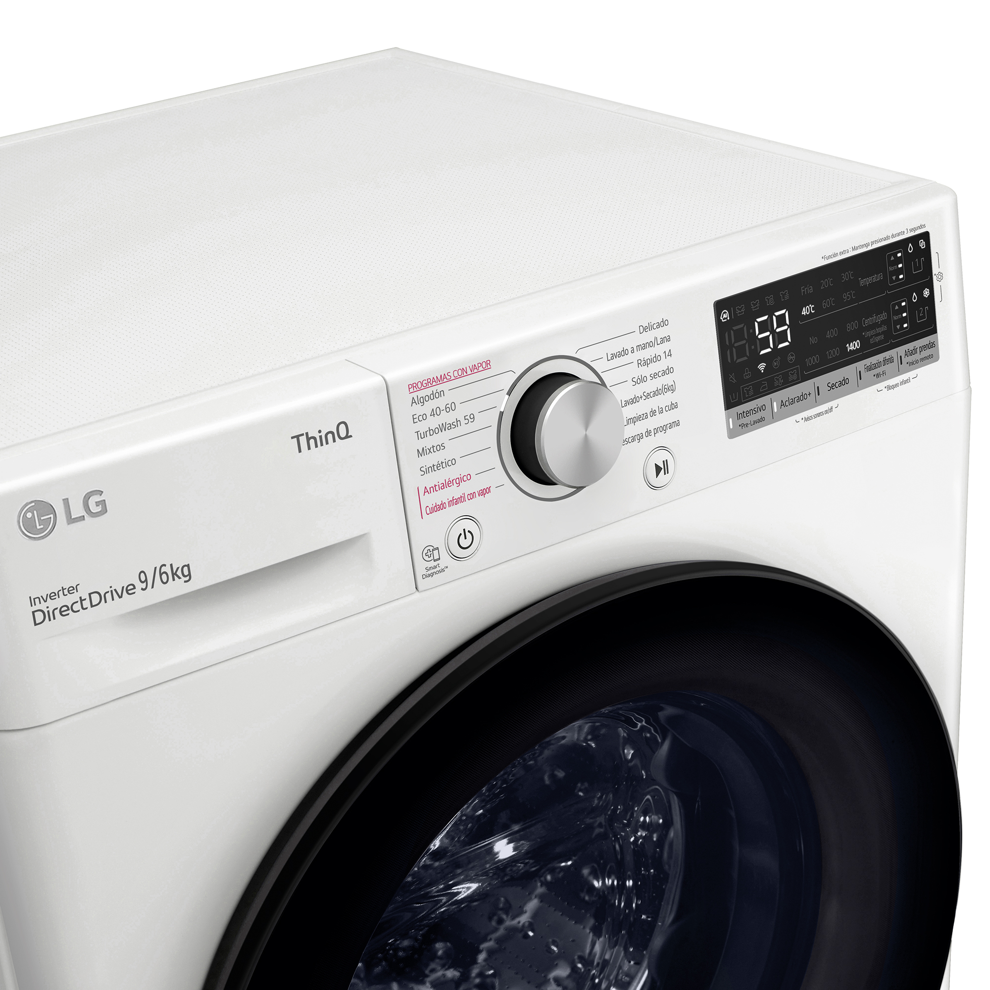 Lavadora LG blanca, pantalla con 59. Dial para programas de lavado a la izquierda.