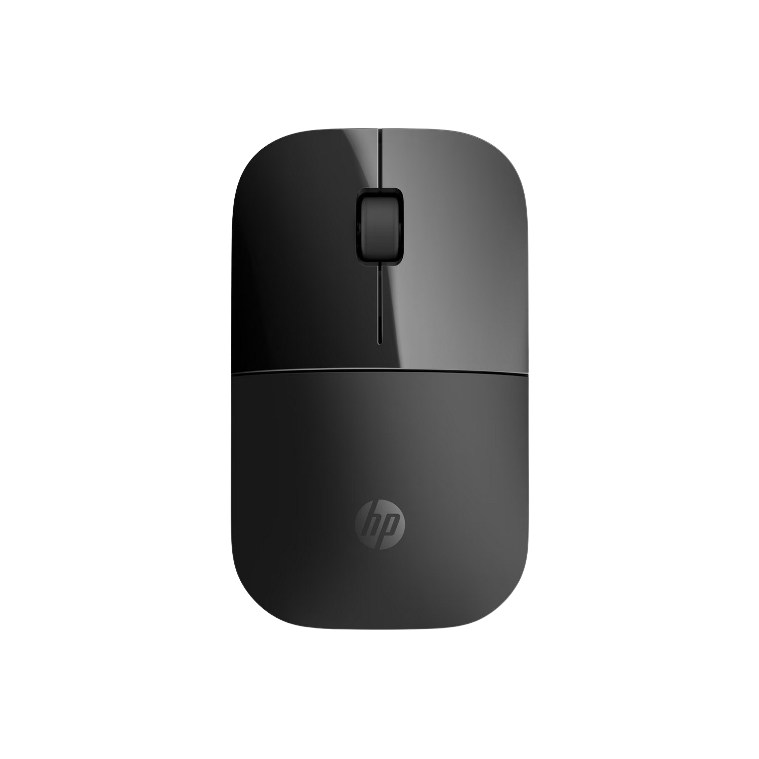 Souris d'ordinateur HP noire au design simple, vue de dessus, sur fond noir.