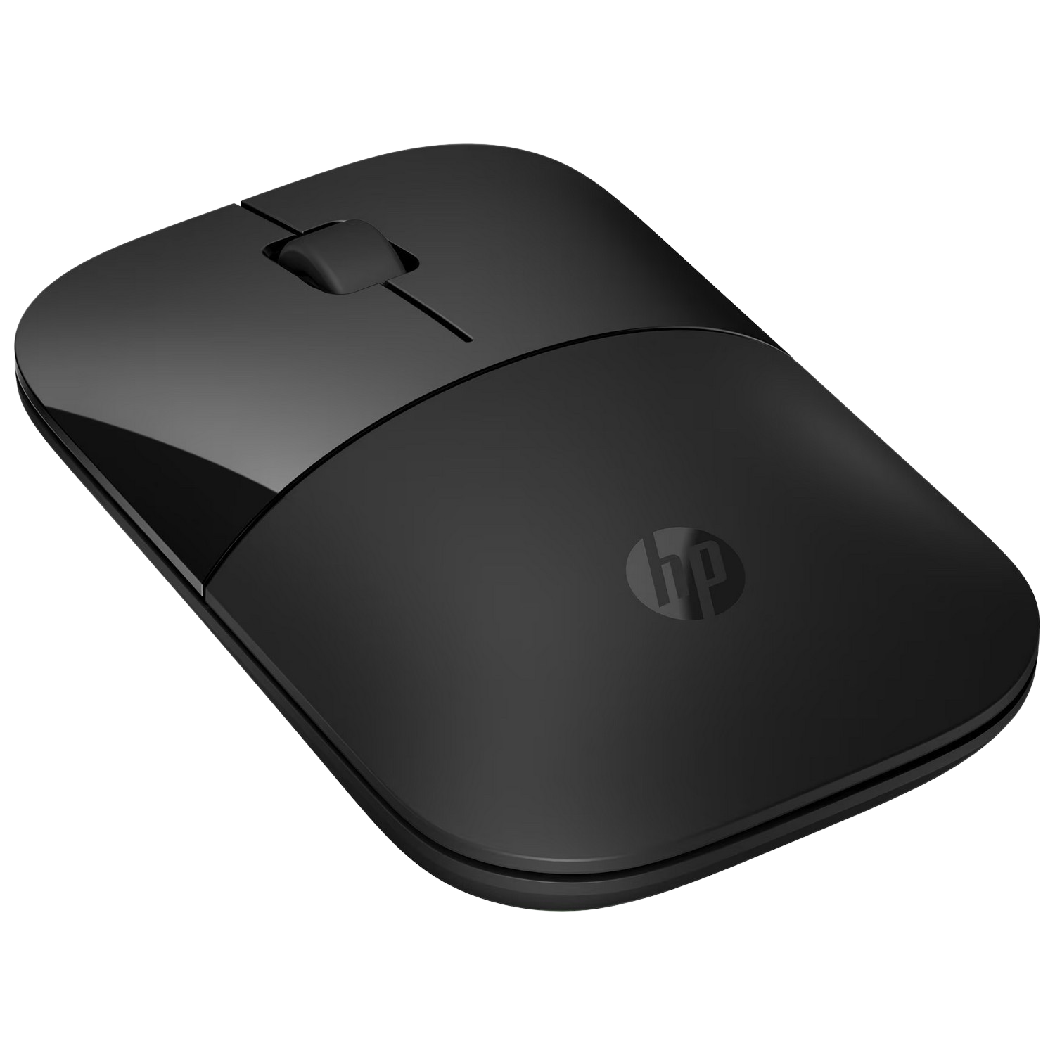 Souris sans fil HP noire avec une molette de défilement. Le logo HP est visible. Fond sombre.