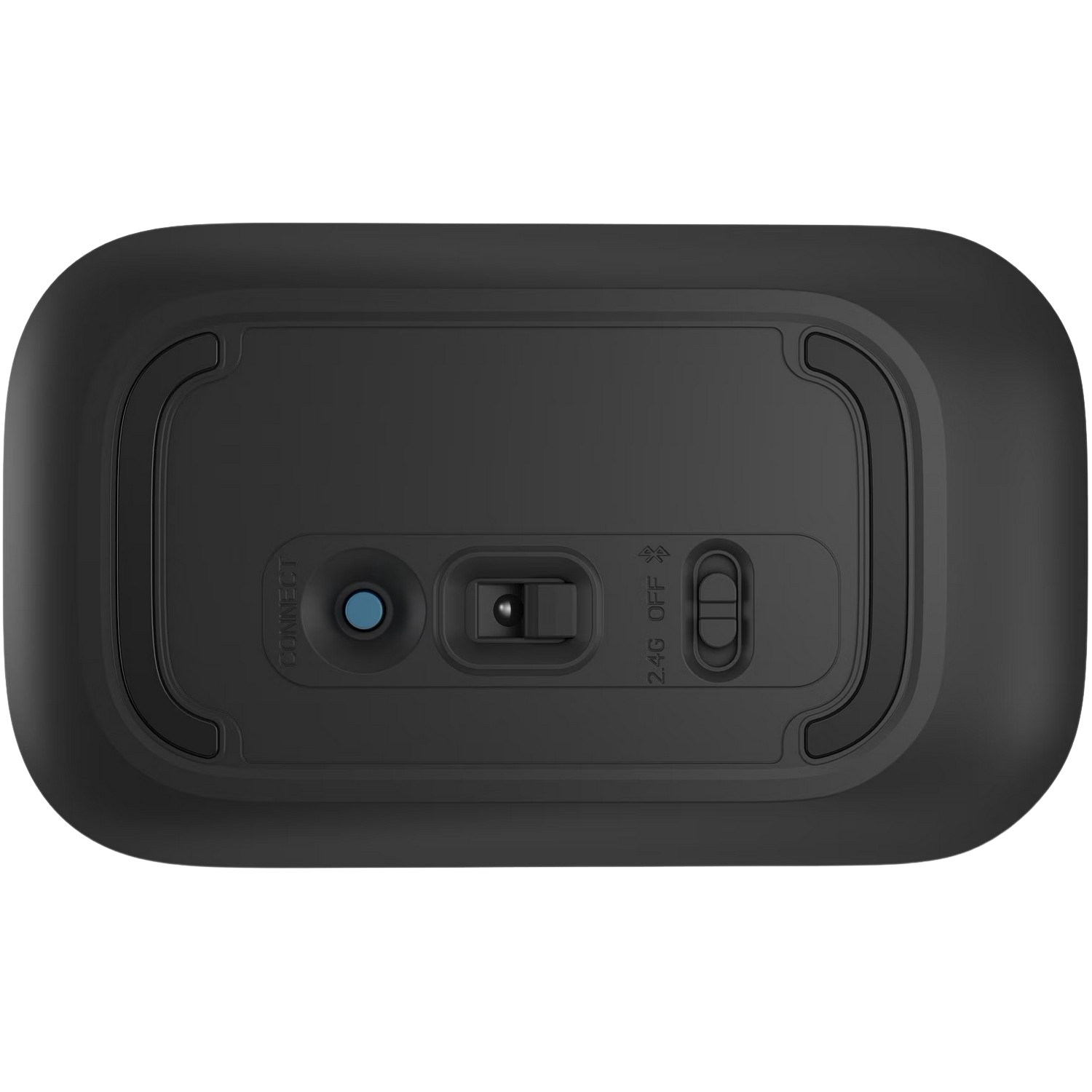 Bas de souris d'ordinateur noire, montrant un interrupteur, un bouton et un cadran de connexion sans fil.