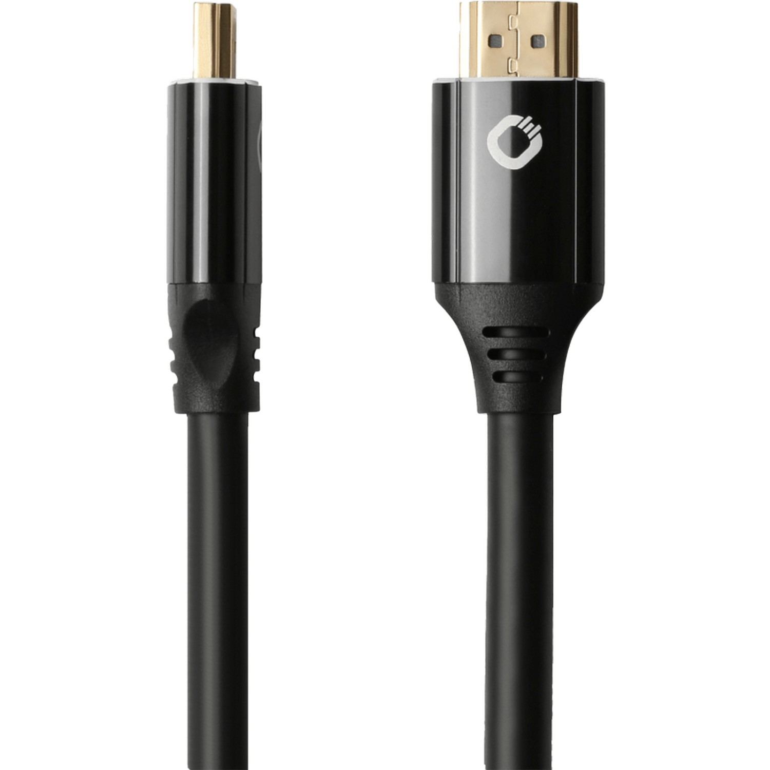 Câble HDMI noir avec connecteurs dorés, gros plan sur fond noir.
