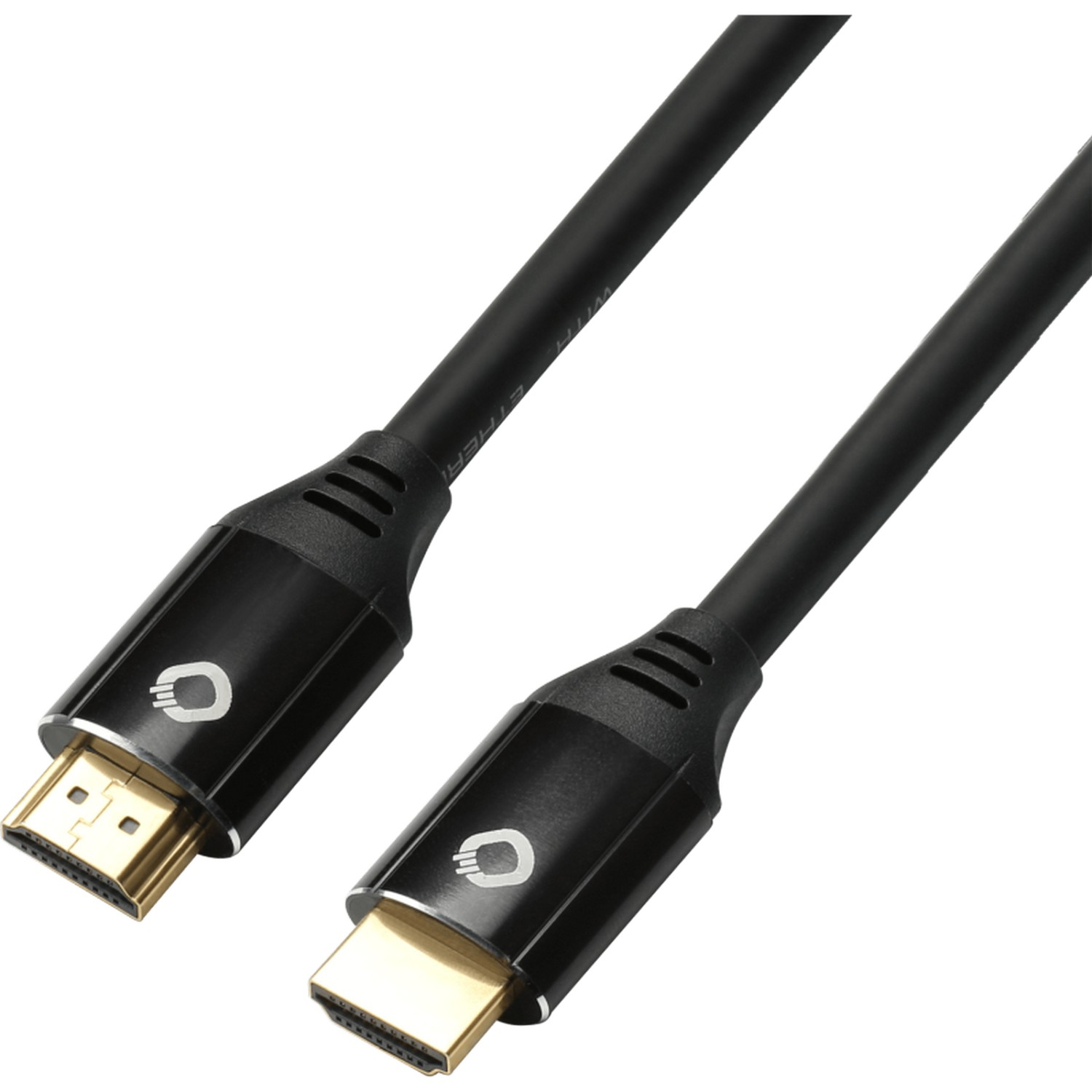 Câble HDMI noir avec connecteurs dorés. Fond blanc.