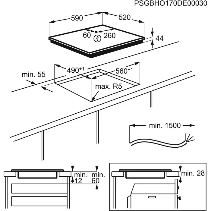 Dibujo técnico de una placa de cocina con dimensiones y directrices de corte.